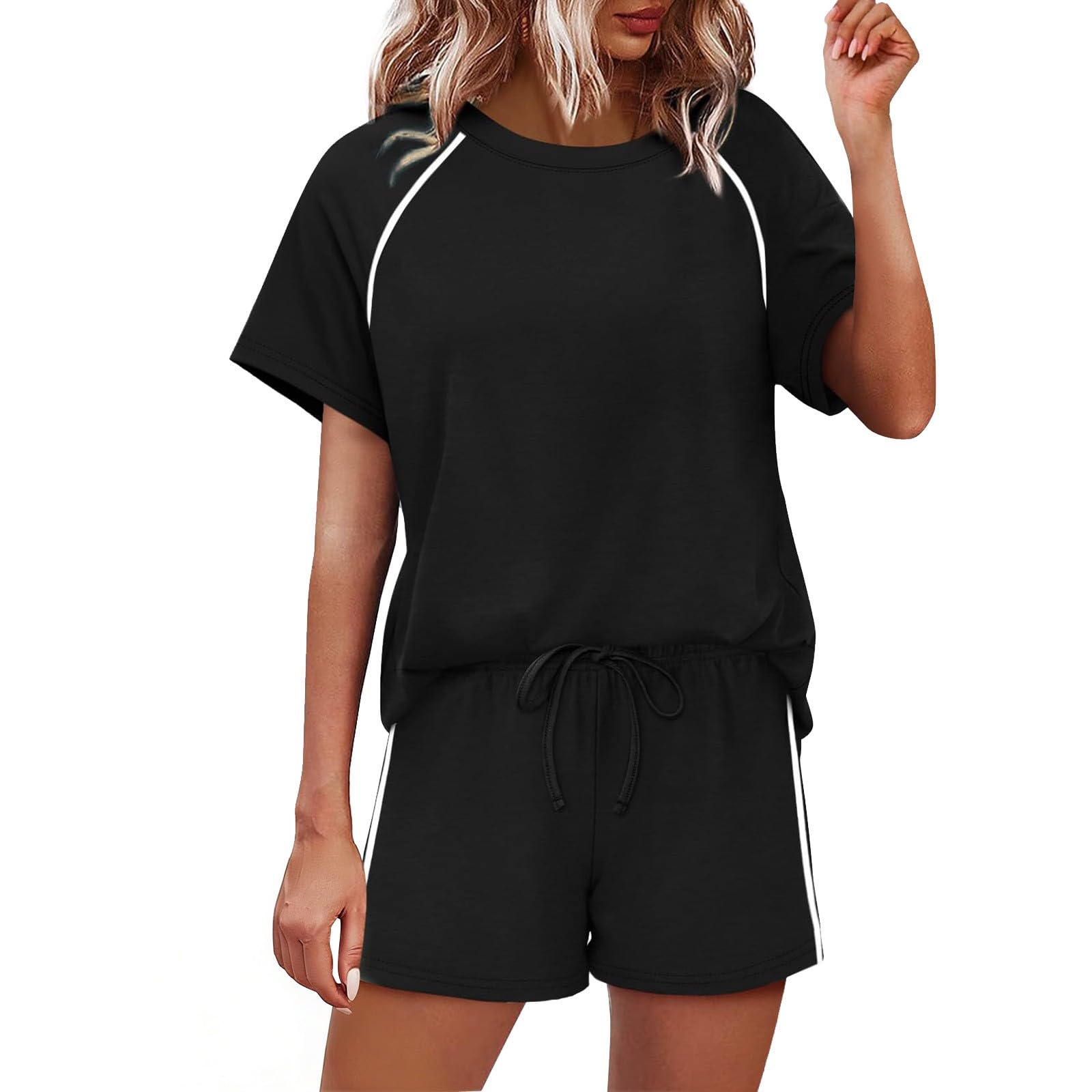 Summer 2 Piece Lounge Set Women Short Cap Sleeve Crew Neck Airport Sweatsuit Matching Soft Comfy Set with Functional Side Pocket