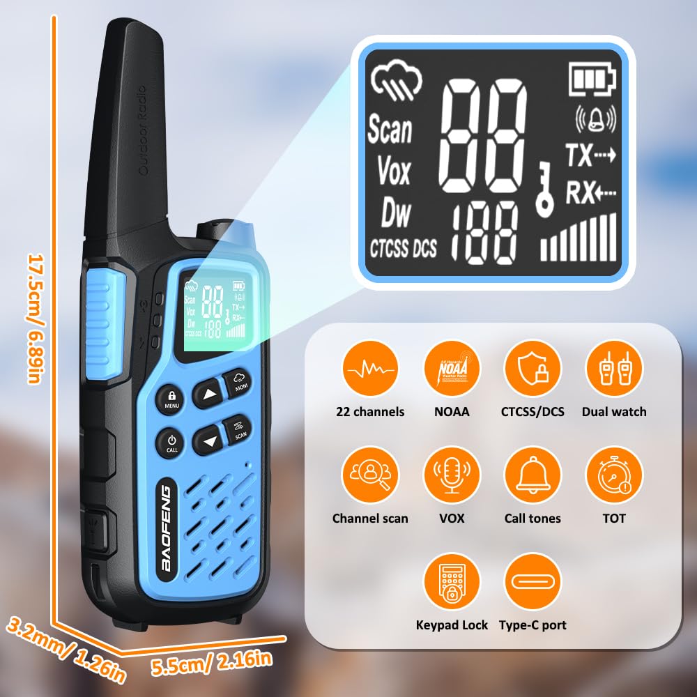 BAOFENG T25 krótkofalówki dla dorosłych i nastolatków, 22 kanały FRS, dwukierunkowe radio z akumulatorem 1400 mAh, VOX, NOAA, latarka, SOS, podwójny nasłuch, na kemping, wędrówki, jazdę na rowerze
