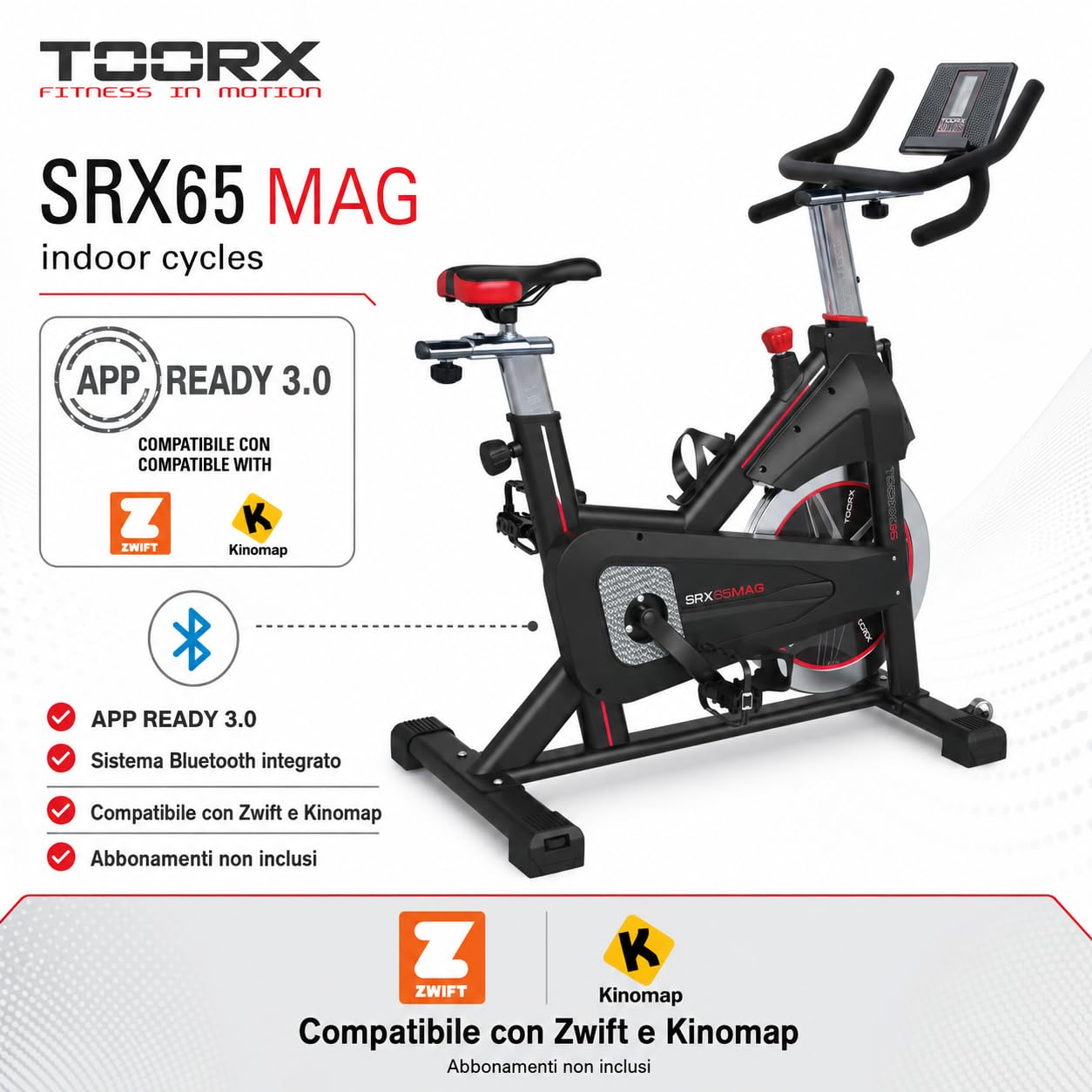 TOORX [SRX-65MAG Indoor Cycle Spinning Bike Magnetica] Spin Bike Fitness | Cyclette Spinning Volano 20 kg Resistenza Magnetica Computer LCD Zwift Kinomap Cardio Home Gym Pedali SPD