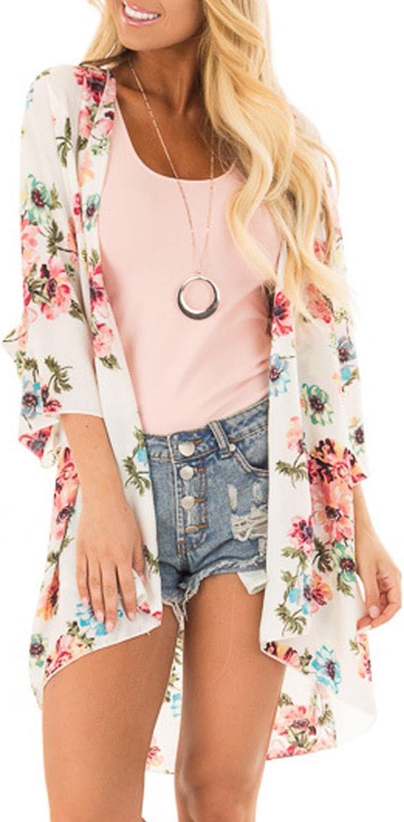 PINKMSTYLE Womens Floral Print Kimono Cardigan Loose Swimsuit Coverup Casual Beach Bathing Suit Tops Apricot Small