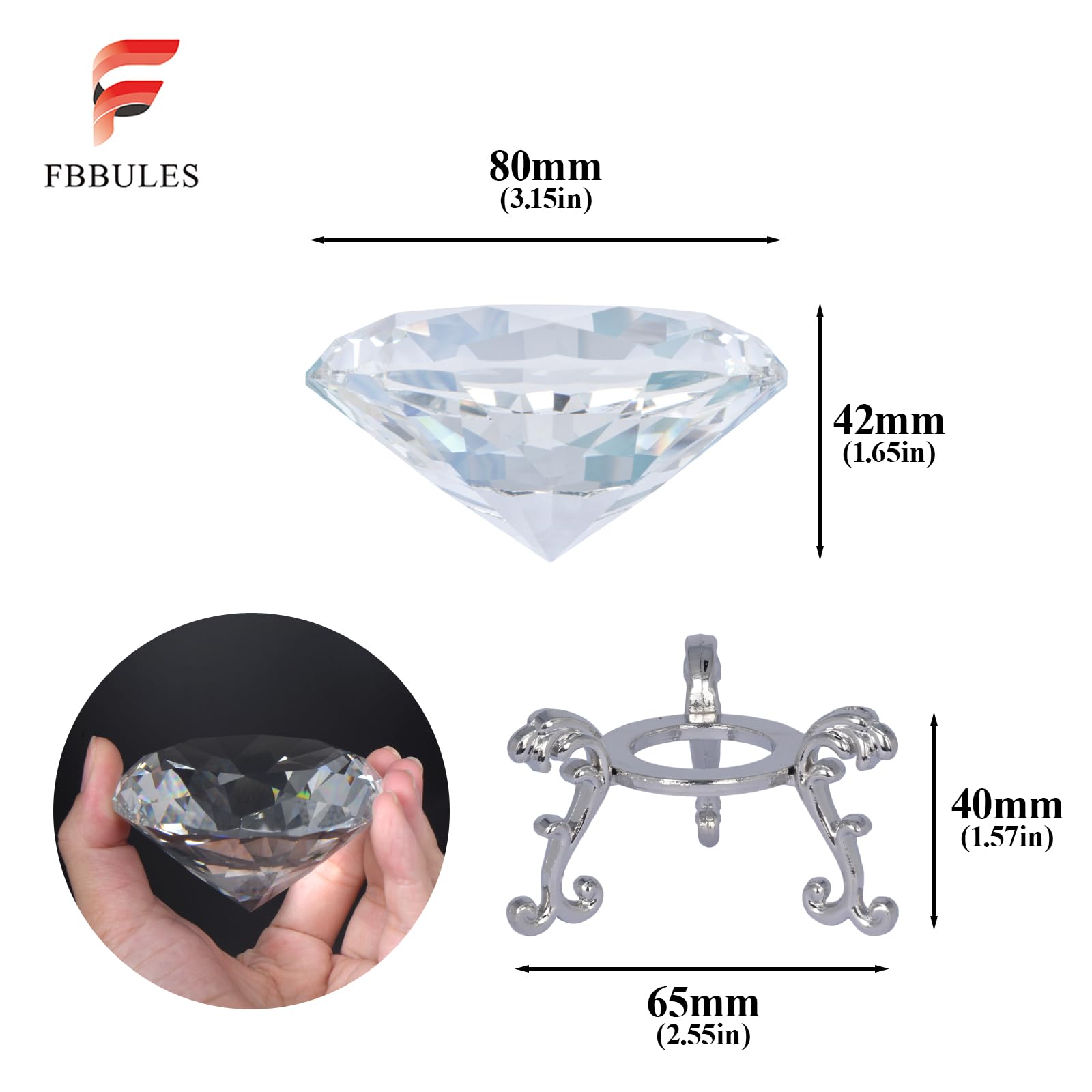 80mm Diamant Cristal Transparent avec Support en Verre, Diamants Décoratifs Presse-Papier, Diamant Décoration en Cristal pour Maison Mariage Fête Noël Anniversaire