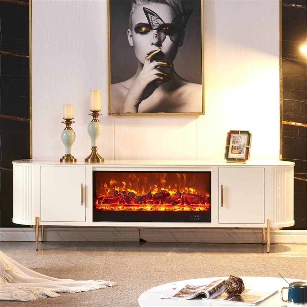 Decorative Fireplace Modern 78.7'' White Fireplace TV Stand, Consoles with Electric, 3D Realistic Flame, 2 Door Storage Cabinet