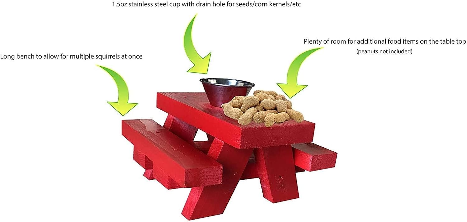 Squirrel Feeder for Outside - Red Picnic Table with Cup Feed for Squirrel Food - Floor or Table Top Mount Squirrel Picnic Table Feeder - Made in USA - Loose Corn or Seed : Patio, Lawn & Garden