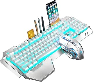 Wireless Keyboard and Mouse,Blue LED Backlit Rechargeable Keyboard Mouse with 3800mAh Battery Metal Panel,Removable Hand Rest Mechanical Feel Keyboard and 7 Color Gaming Mute Mouse for PC Gamers