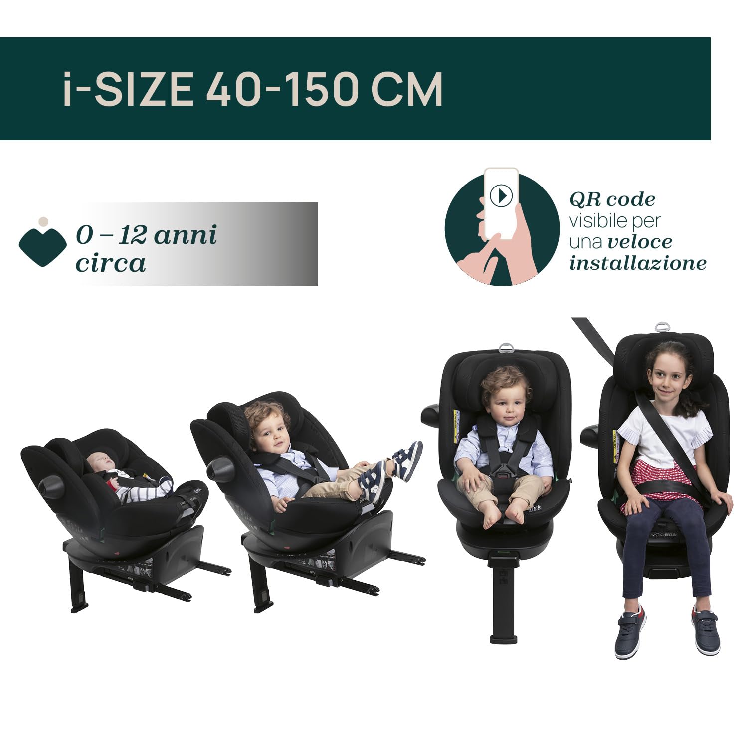 Chicco Everone I-Size, Seggiolino Auto con Base Isofix, Da 0 a 36 Kg, Da 40 a 150 cm, Omologato ECE R129/03, Girevole A 360° E Reclinabile, Gruppo 0+/1/2/3 Da 0 A 12 Anni