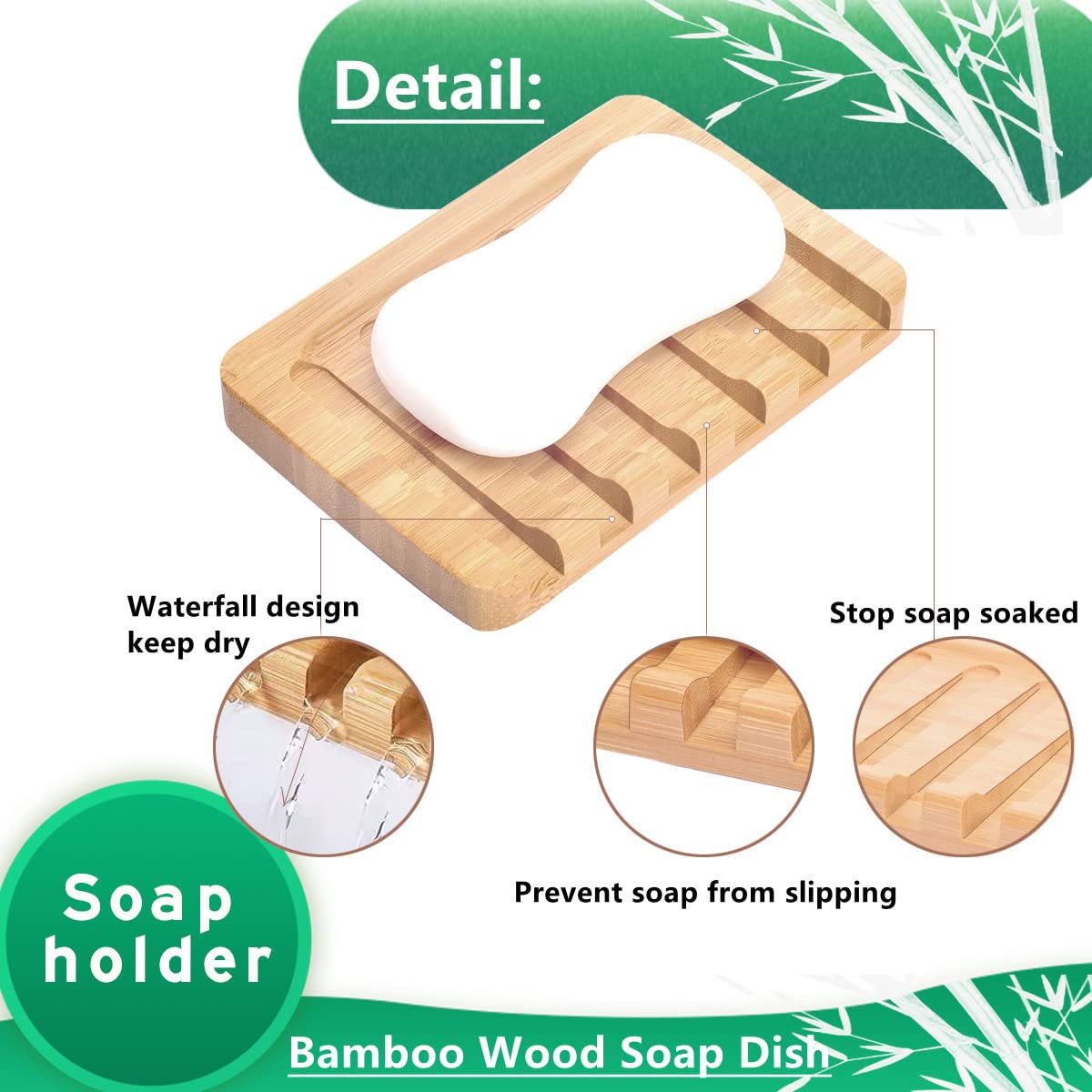 Paquete de 3 jaboneras de bambú, soporte de jabón de barra con bandeja autodrenante, ahorro de jabón de drenaje de cascada natural, utilizado para baño, cocina