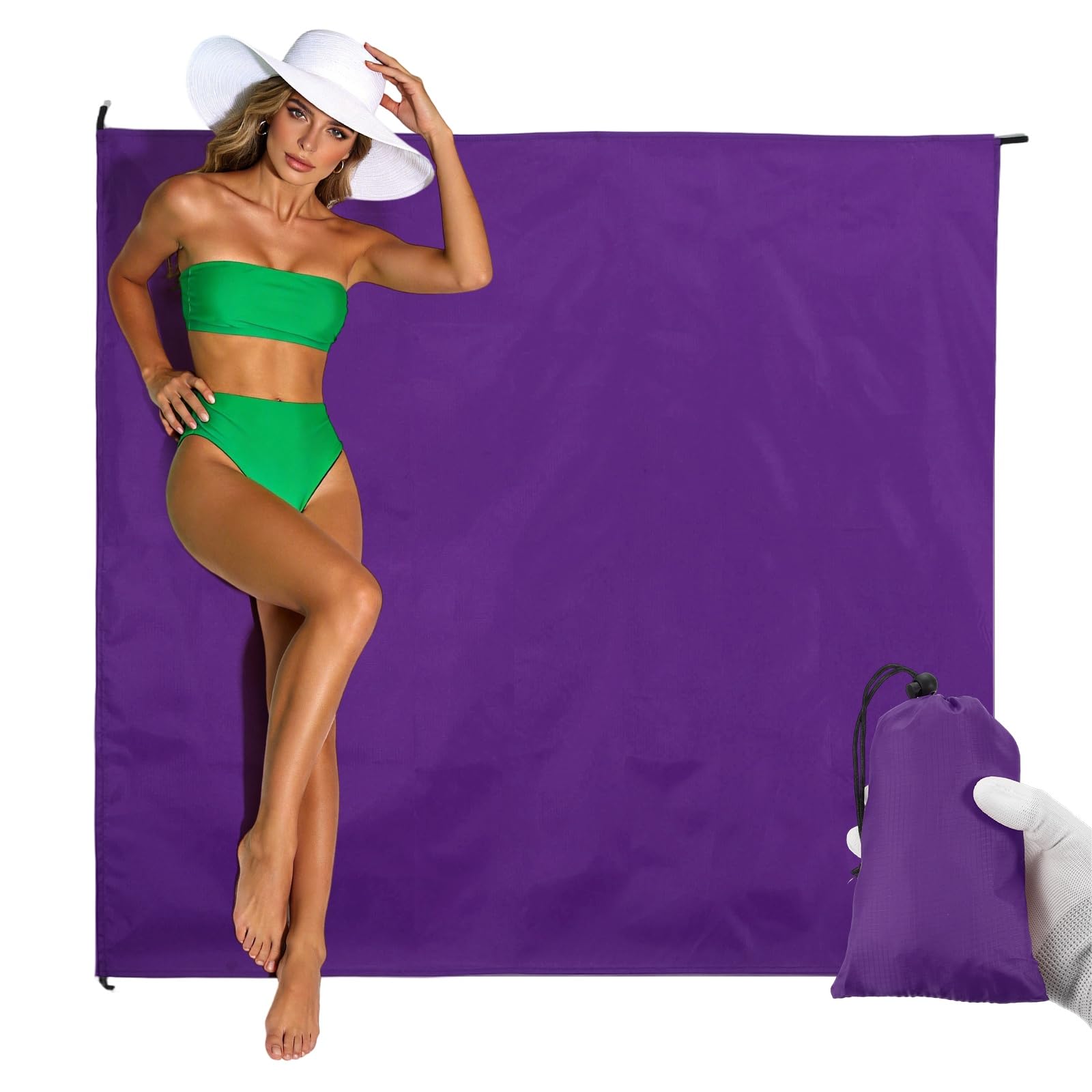 YELARXI Beach Blanket, Waterproof Foldable Beach Mat Compact Sand Free Quick Drying Beach Essentials with Carry Bag and 4 Pcs Stakes for (Beach/Camping/Hiking/Picnic) 83 x 79 & Purple