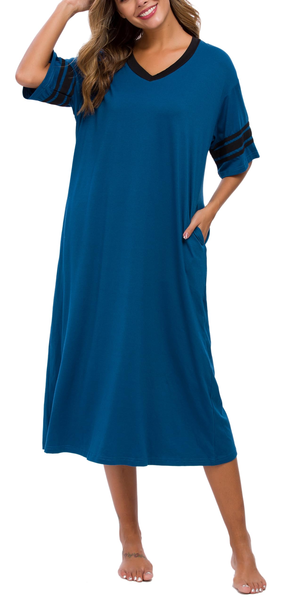 Womens Nightgown V Neck Knit Long Sleepwear Short Sleeve Soft Loungewear with Pockets S-XXL