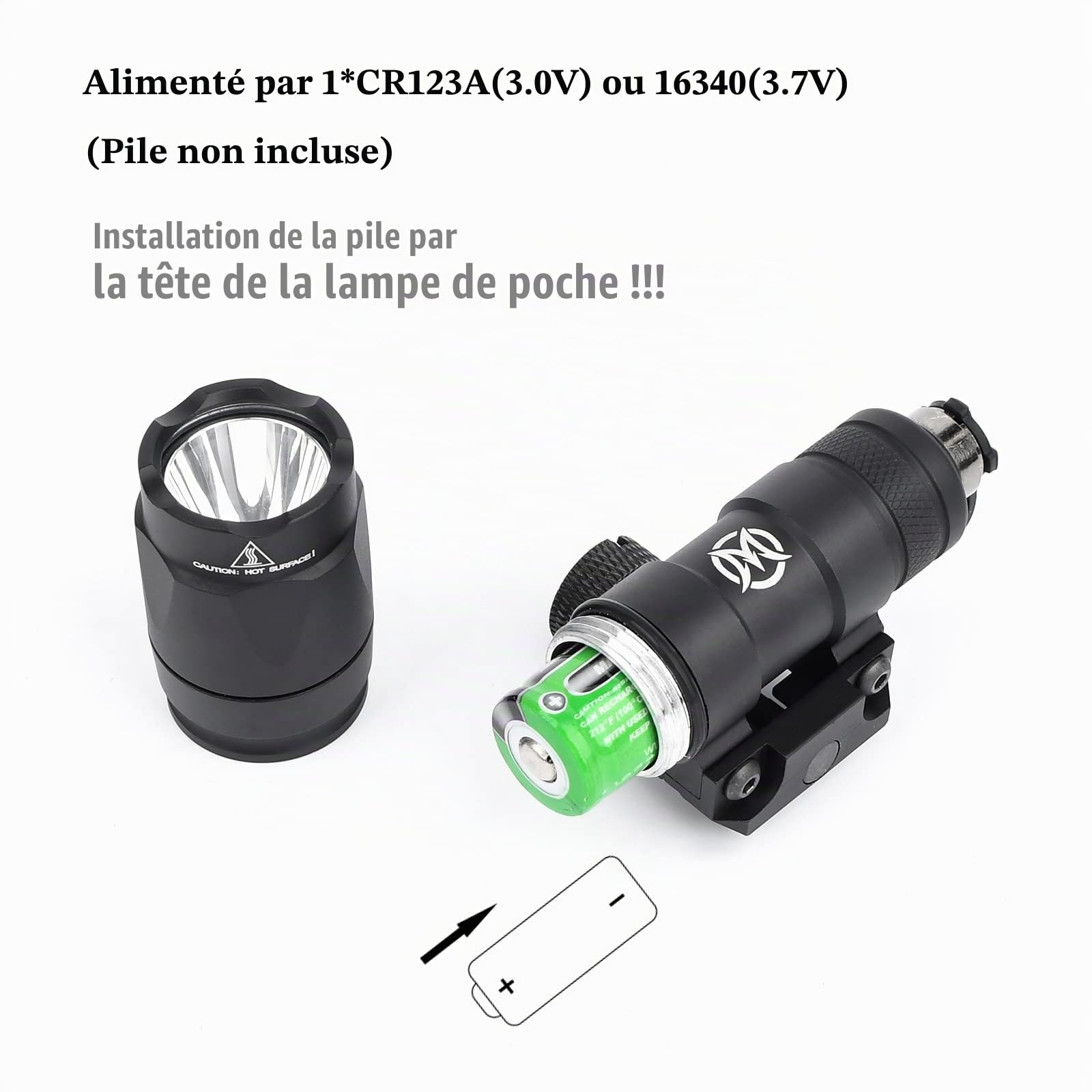 M300A Lampe de poche tactique avec interrupteur de coussin de pression, lampe de reconnaissance de 600 lumens pour le système ferroviaire Mlok Keymod 20 mm Picatinny (Noir)