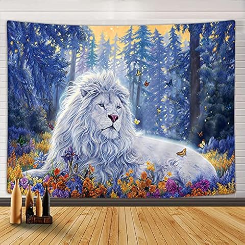 Fantasy Decor Tapestry Lion Safari Theme, Mystic Blue Forest with Flowers and White Wild Animals Butterfly Oil Painting Decor Tapestry Wall Hanging, Wall Blanket Art Bedroom Living Room Dorm 71X60 in Cover