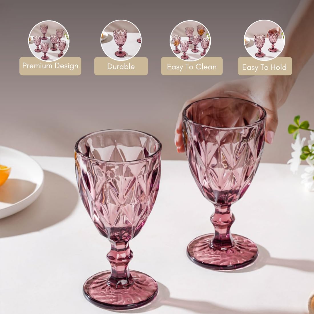 Nestasia Vintage Wine Glasses Set of 6 | Purple Geometric-Patterned Stemmed Glasses | Perfect for Red & White Wine, Champagne, Water, Juice, Mocktails & Cocktails (300ml Each) | Ideal for Gifting 1