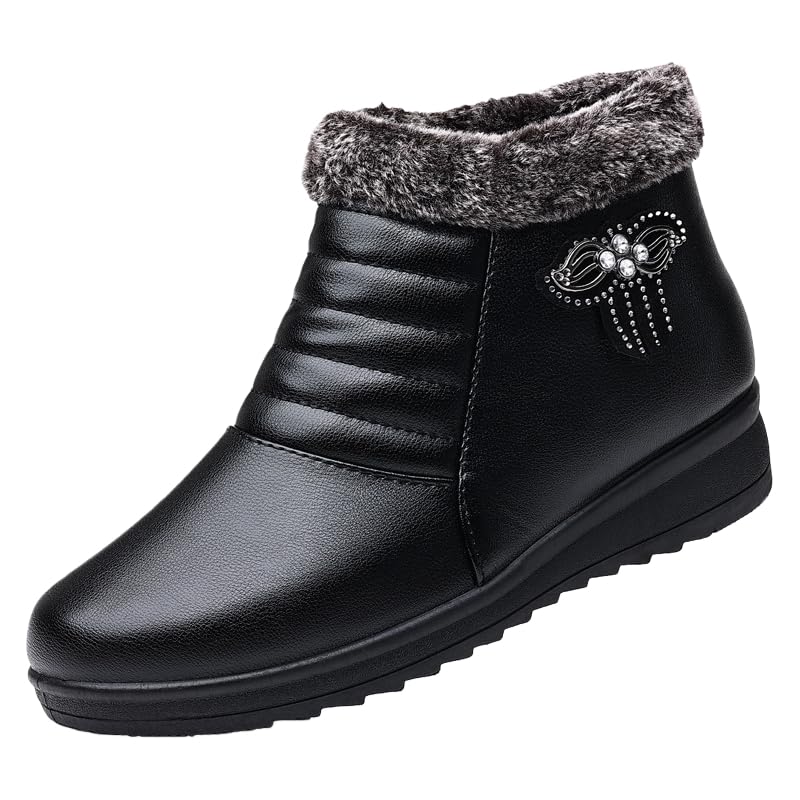 Womens casual cotton shoes - Warm flat round-toed short boots - Artificial plush lining - Side zipper -