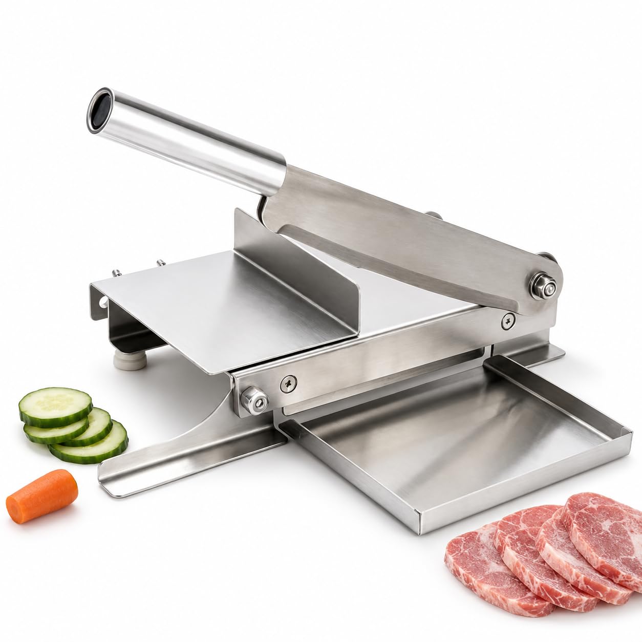 Cortador de carne con grosor ajustable y palanca de 35 cm, diseño compacto con bandeja de recogida para una preparación eficiente de alimentos