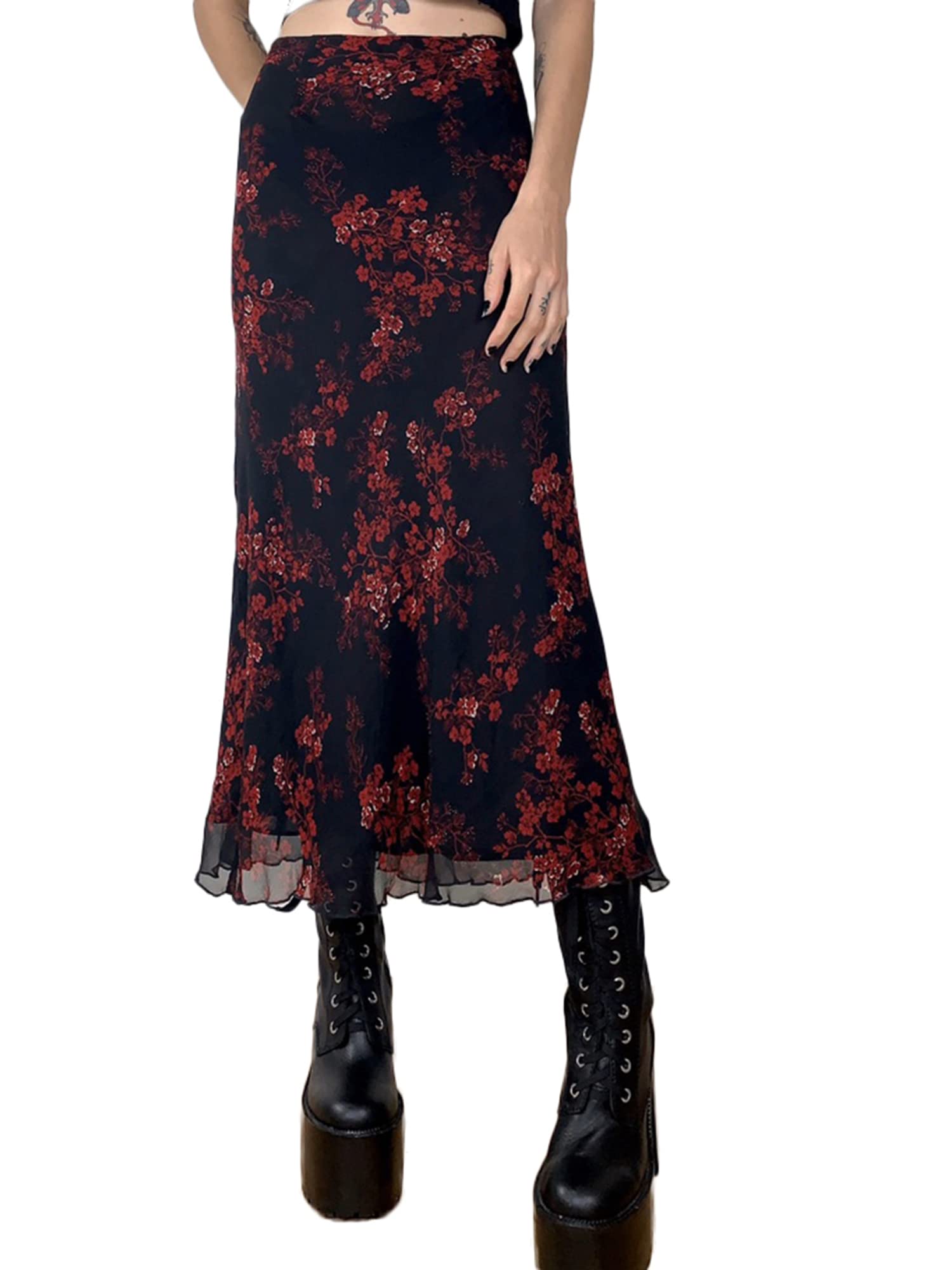 MiolasayWomen Y2K Fairy Grunge Midi Skirts High Waist Patchwork A Line Long  Skirt Vintage Floral Print Maxi Skirt Grunge Fairycore Streetwear