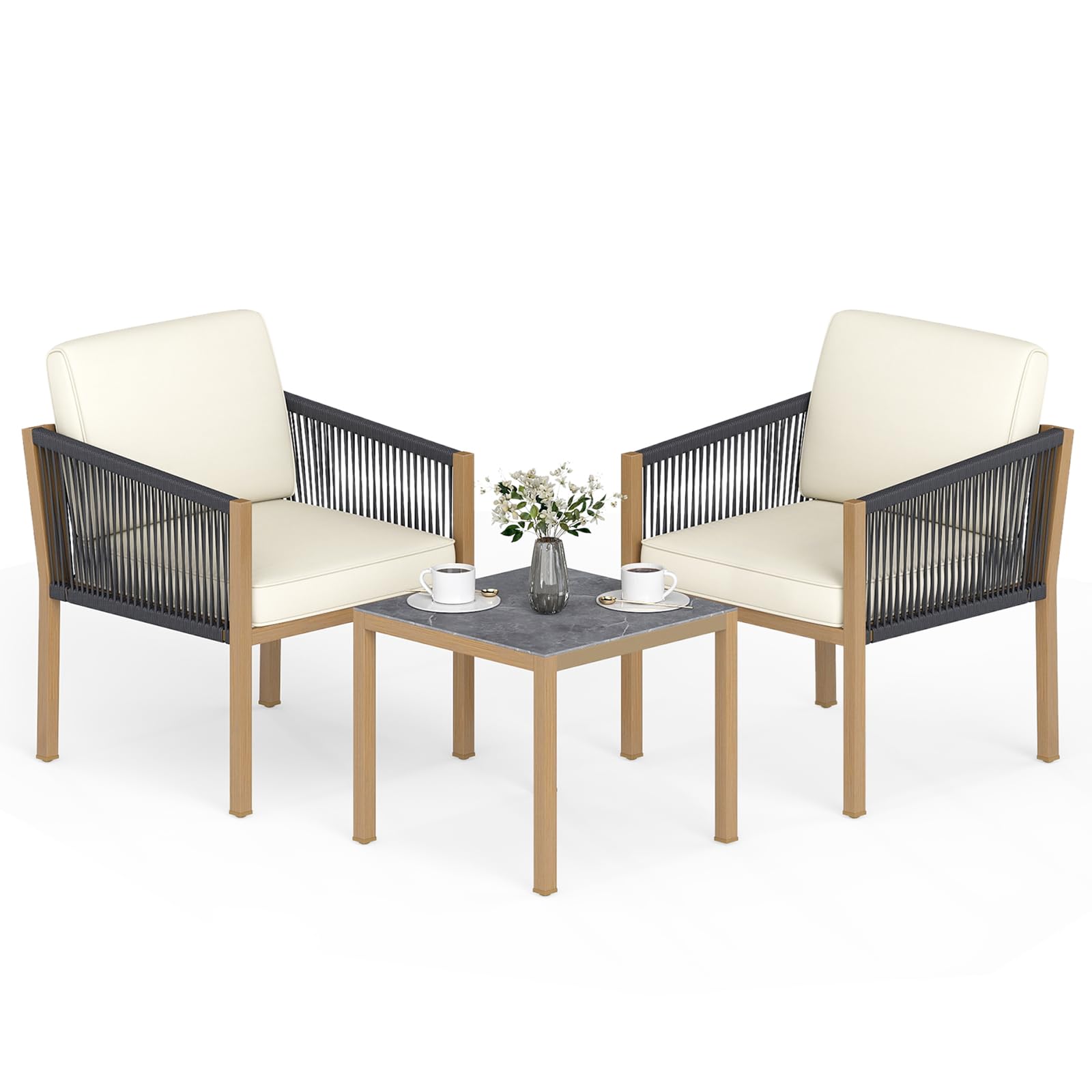 COSTWAY Set Salotto da Giardino 3 Pezzi, Set Conversazione con Tavolo e 2 Sedie, Corde Intrecciate e Cuscini, Struttura in Metallo Resistente, Tavolo e Sedie per Patio, Balcone, Terrazza e Giardino