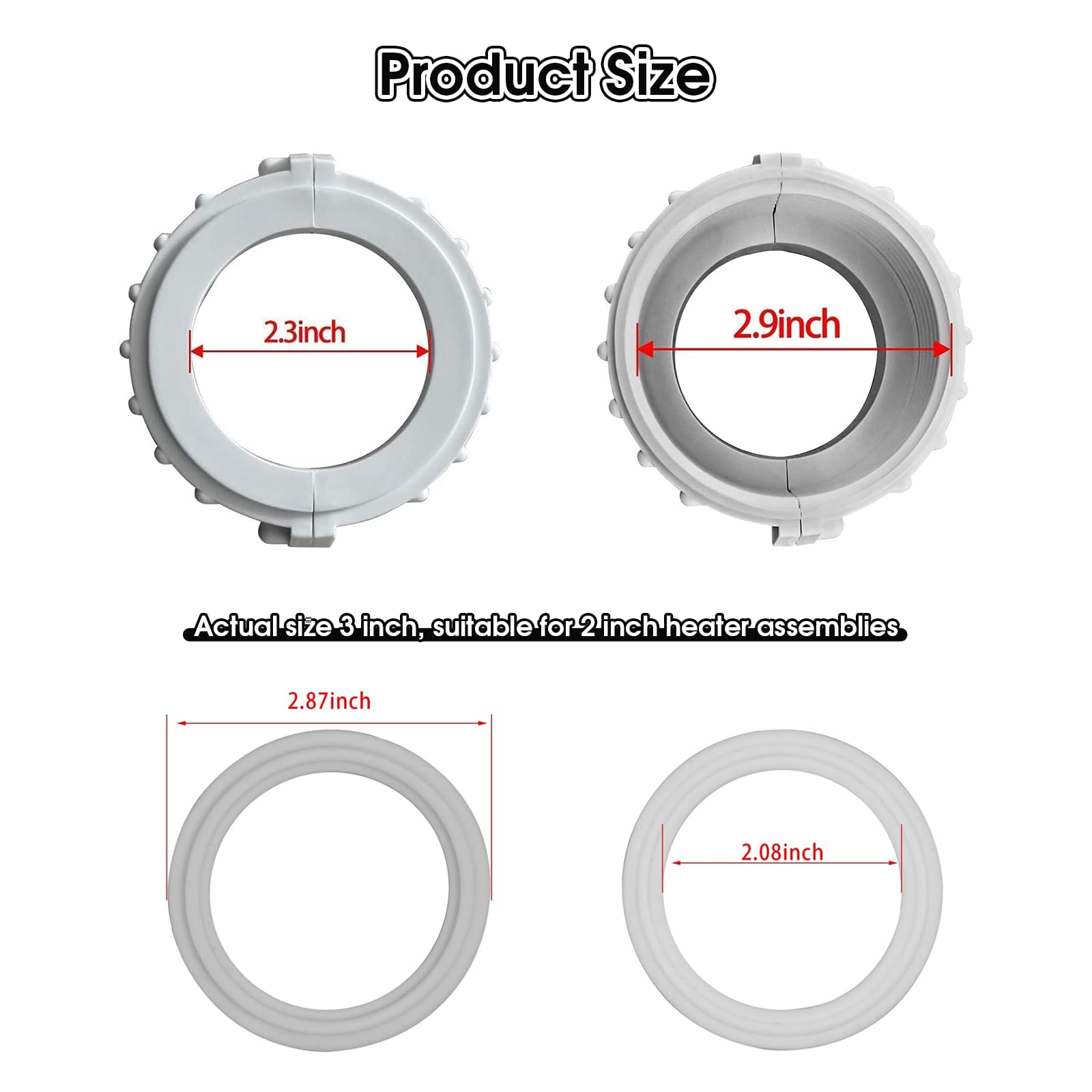 Lot de 2 écrous fendus pour Chauffage de Spa et Jacuzzi avec vis, 2 Joints toriques (Taille réelle de 7,6 cm, Convient pour Les assemblages de Chauffage de 5,1 cm)