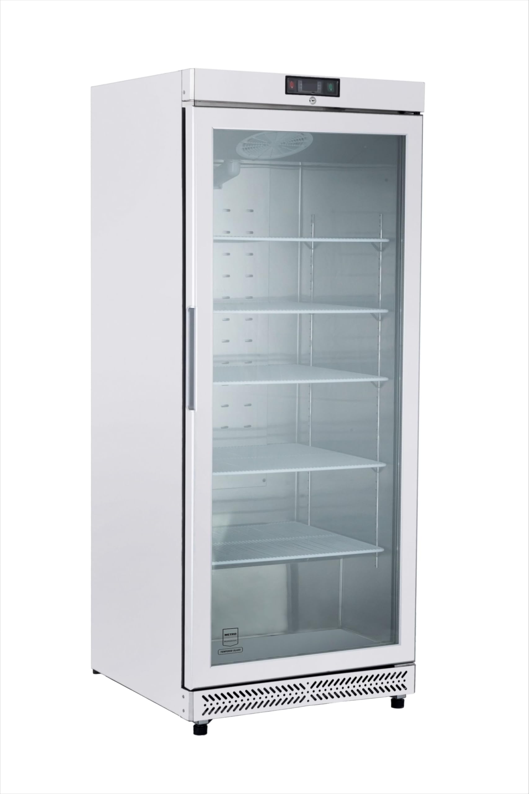 METRO Professional Frigorífico con Puerta de Cristal GRE6600G, 380L, Nevera Vertical con Cerradura, 77.5x72.5x188.5cm, 5 Estantes, Blanco