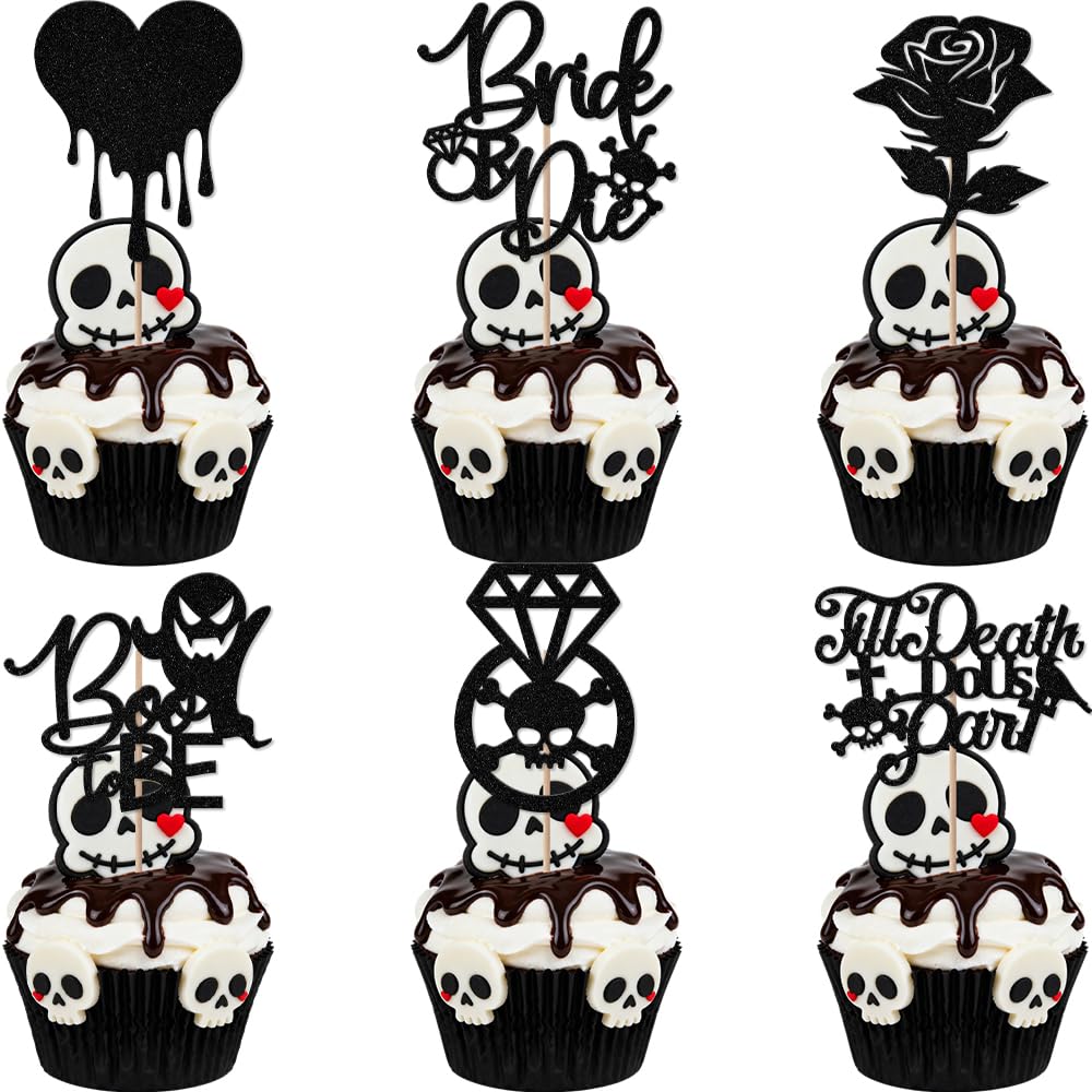 Aumccxz 24Pcs Bride or Die Cupcake Toppers Rip Single Life Halloween Bachelorette Party Decorations Till Death Do Us Party Engagement Wedding Party Decorations Black