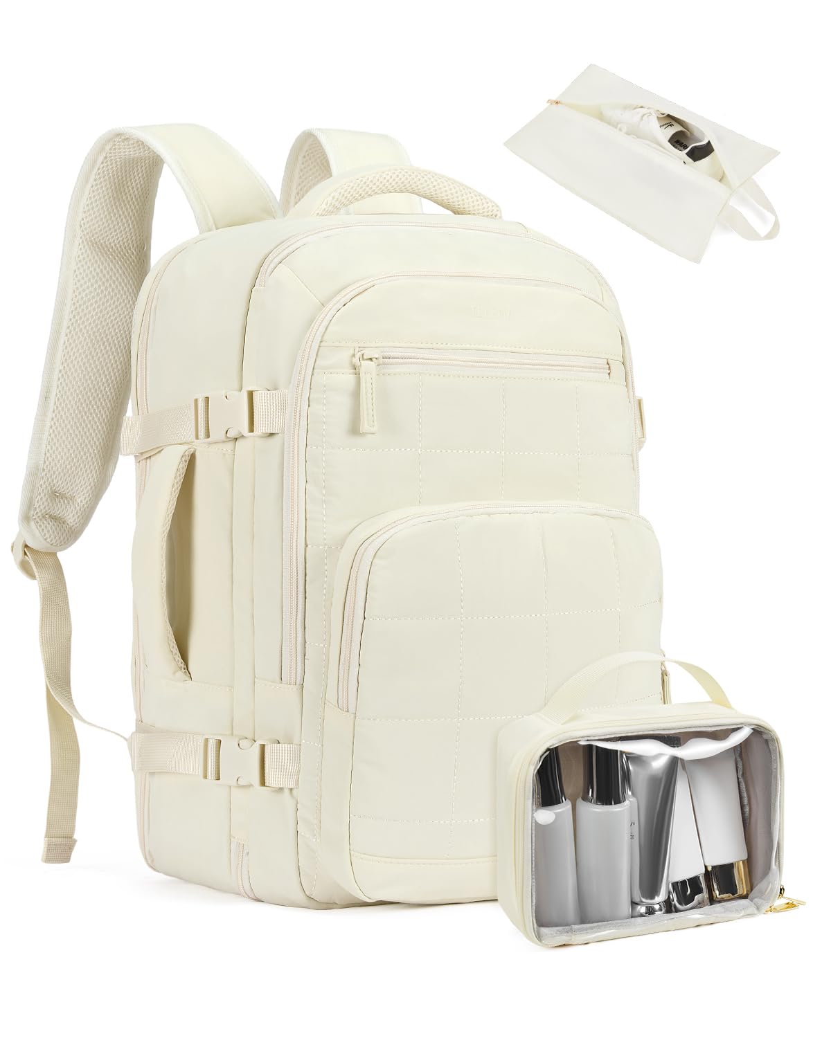 Telena Travel Backpack Carry on Flight Approved, 17.3 inch Laptop Quilted College Bookbag Personal Item Travel Bags for Women Beige