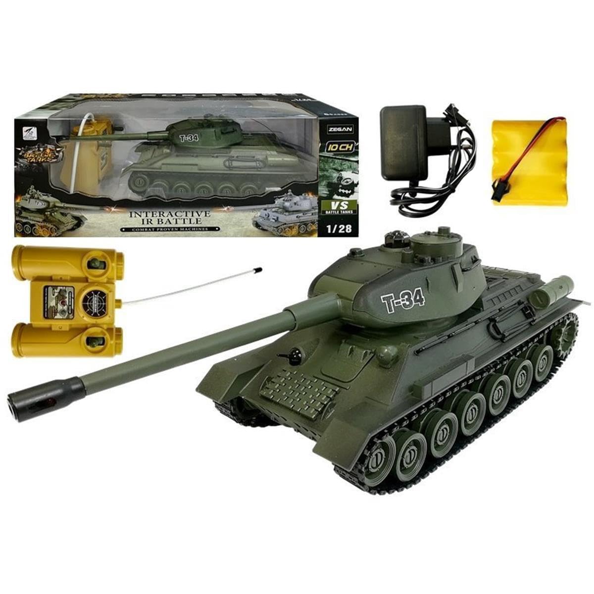 efaso Tanque teledirigido T-34 99815-27/40 MHz con función de disparo (simulación), sistema de combate por infrarrojos, torre giratoria con sonido y luz 1:28