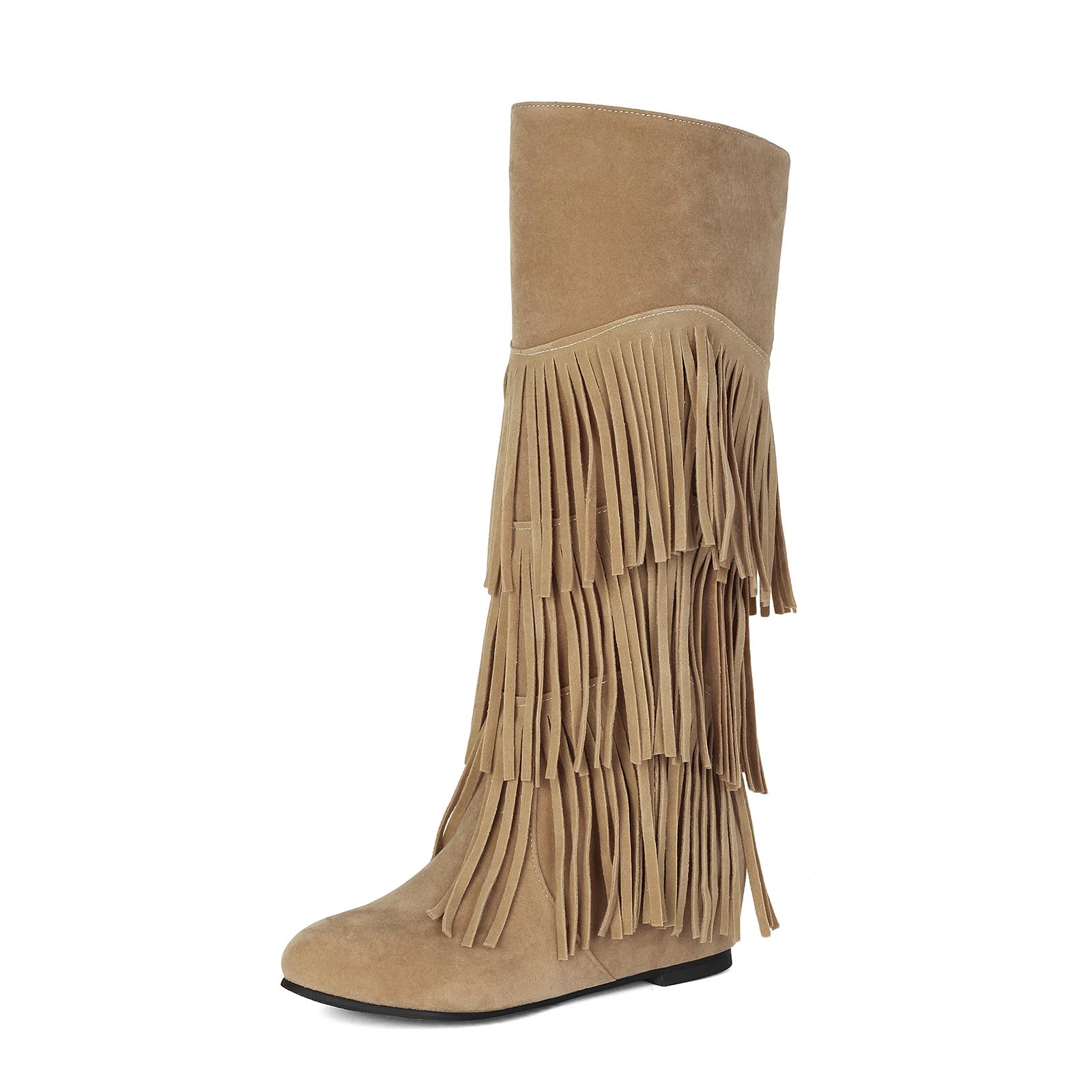 Botas con Flecos Casual Mujer Cuña Oculta Punta Redonda Altas