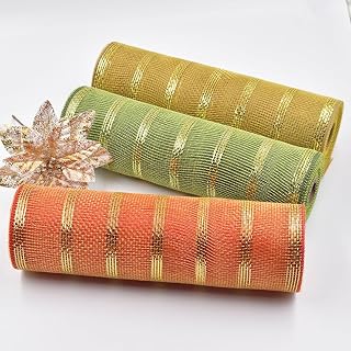 3 Roll 10 Inch X 10 Yard Decorative Poly Mesh Burlap Ribbbon Rolls, for Fall Autumn Supplies Front Door Wreath Craft Tree Decor Thanksgiving Harvest Decoration (Orang&Green&Yellow)