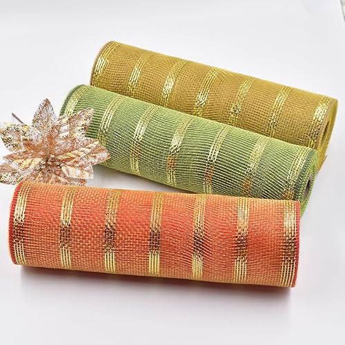 3 Roll 10 Inch X 10 Yard Decorative Poly Mesh Burlap Ribbbon Rolls, for Fall Autumn Supplies Front Door Wreath Craft Tree Decor Thanksgiving Harvest Decoration (Orang&Green&Yellow)