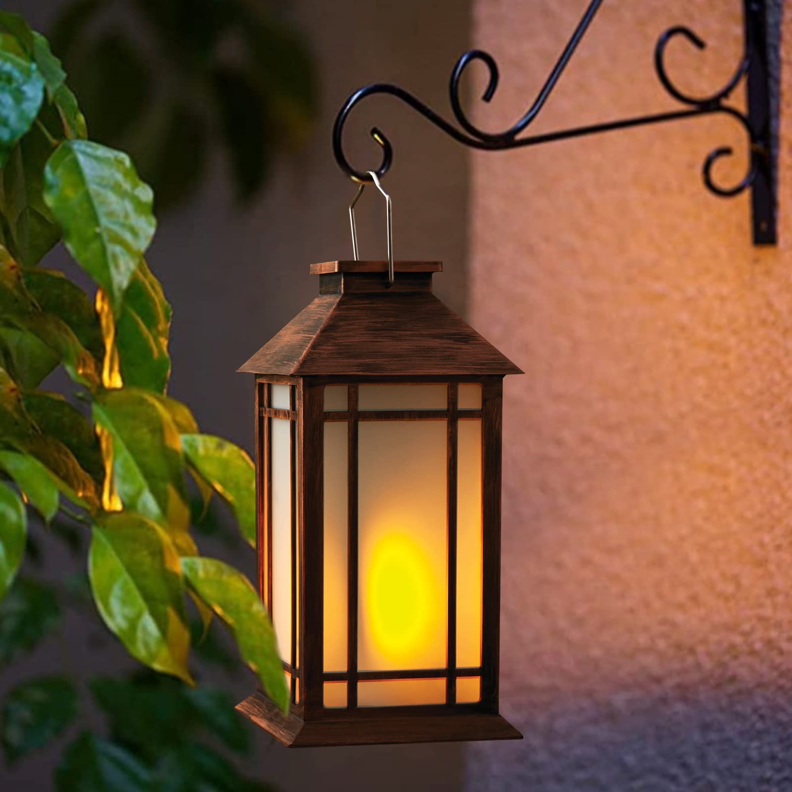 Paquete de 2 faroles de vela vintage de 13 pulgadas con vela LED sin llama (temporizador de 6 horas), impermeable IP65, funciona con pilas, faroles colgantes para patio al aire libre, faroles 7