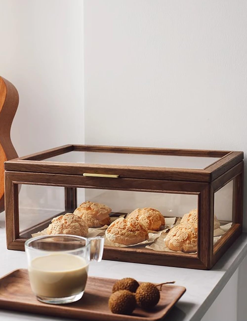 Vitrina de Madera Vintage para Pasteles y Galletas, Ideal para la encimera de la Cocina. Caja de Cristal Transparente para Guardar Galletas, Cupcakes, Magdalenas y Bagels caseros (marrón).