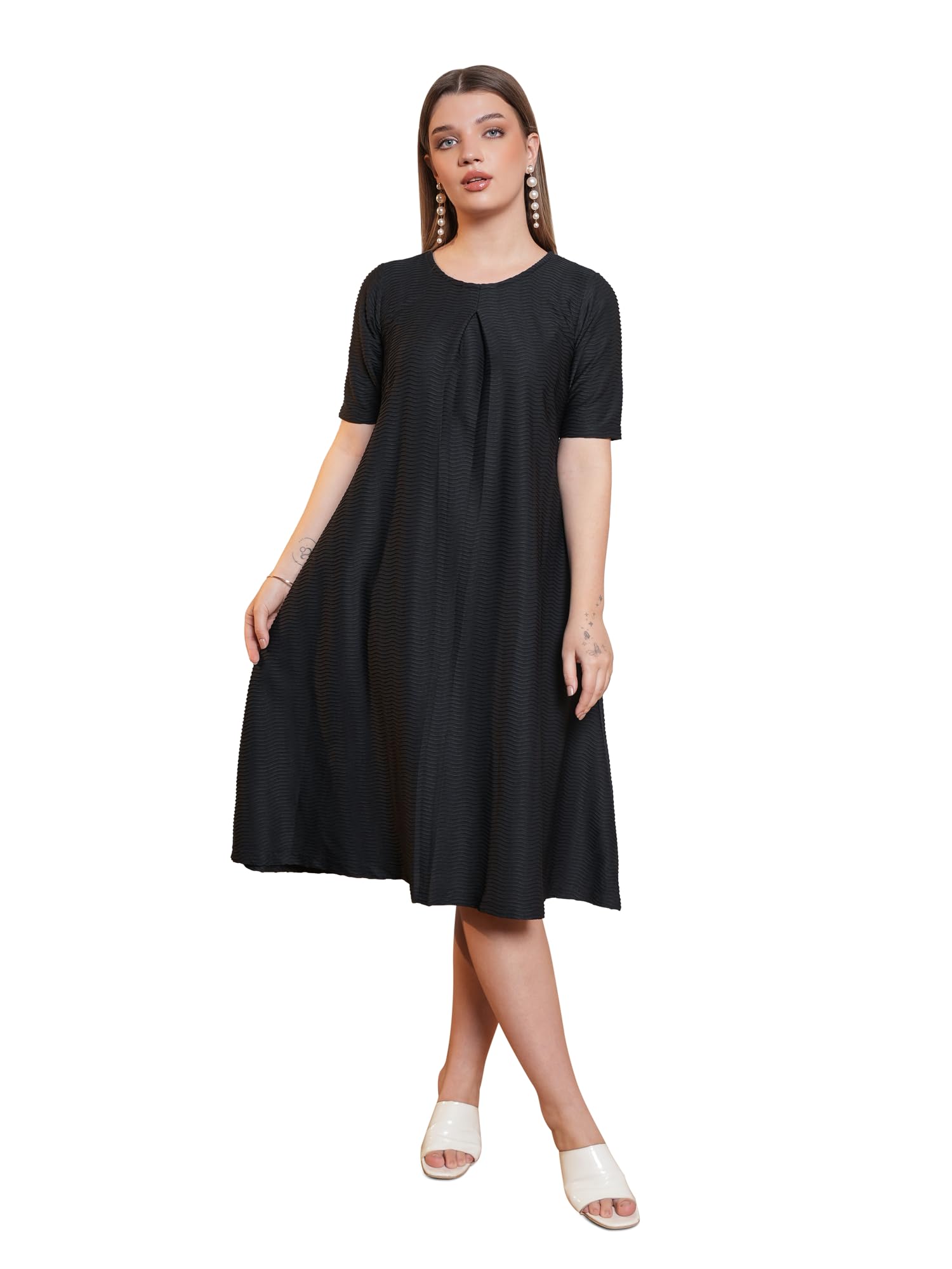 Purvaja Womens A-Line Midi Length Dress (Yuvi-054-Black_Black_Small)