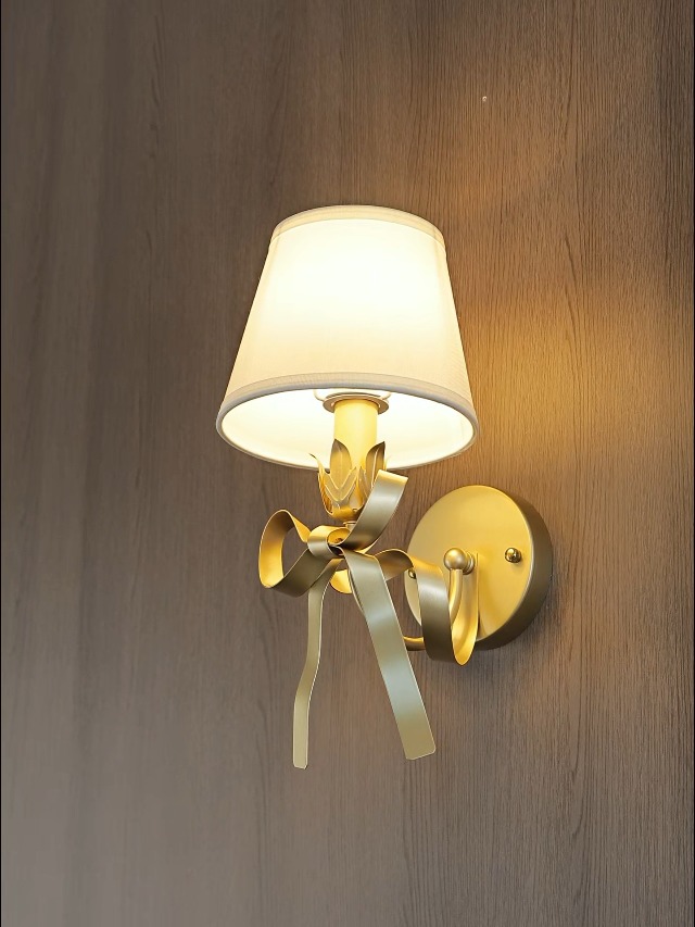 Image of Gold Brass Sconces Wall Decor Set of 2, Bow Wall Scones Set of Two with Fabric Shades, Modern Bedside Wall Lights Fixtures for Bedroom, Girls Room, Hardwired
