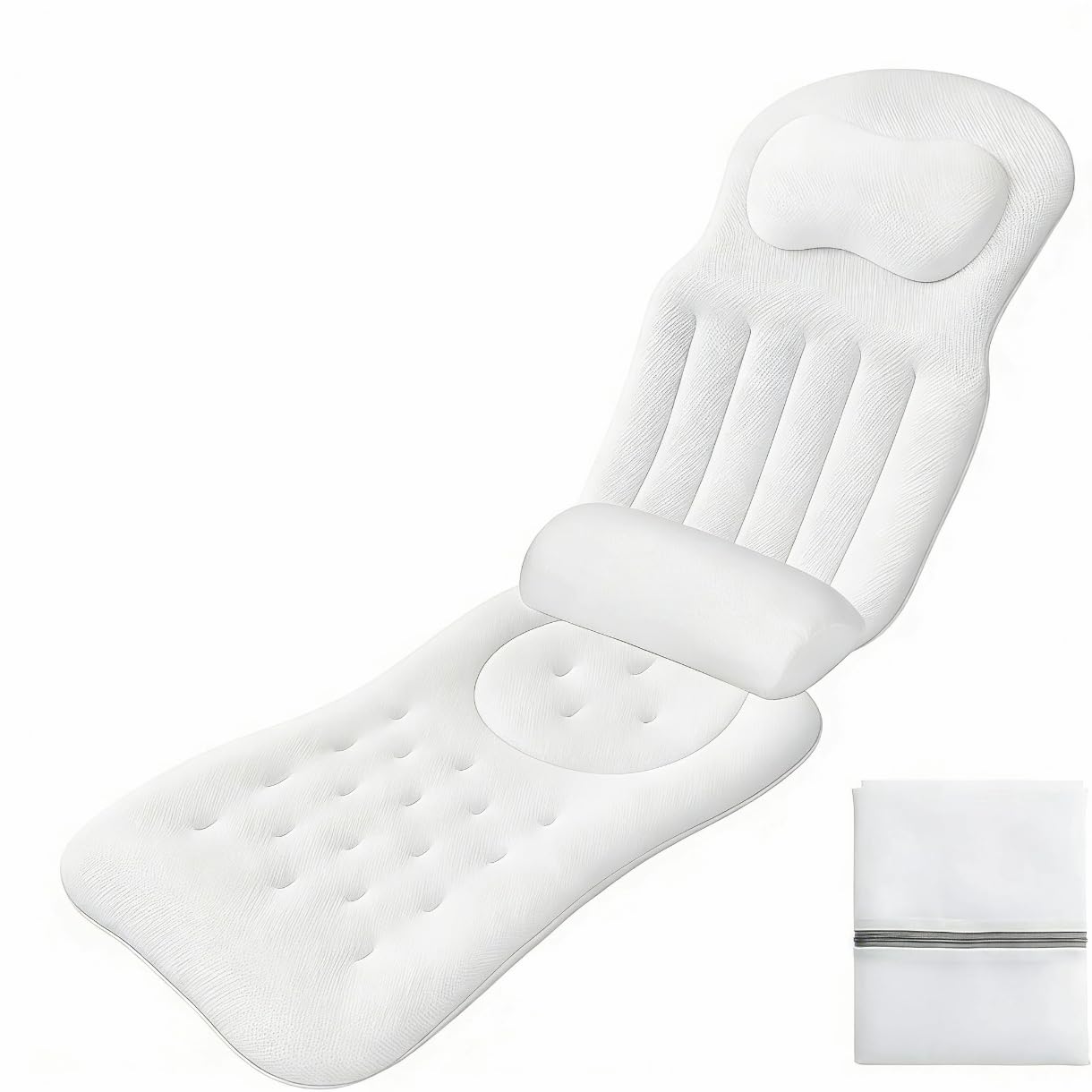 Cuscino intero per vasca da bagno, 129x38cm tappetino da bagno ispessito con cuscino lombare supporta collo, schiena e gambe, cuscino per vasca da bagno con ventose e ganci sospesi