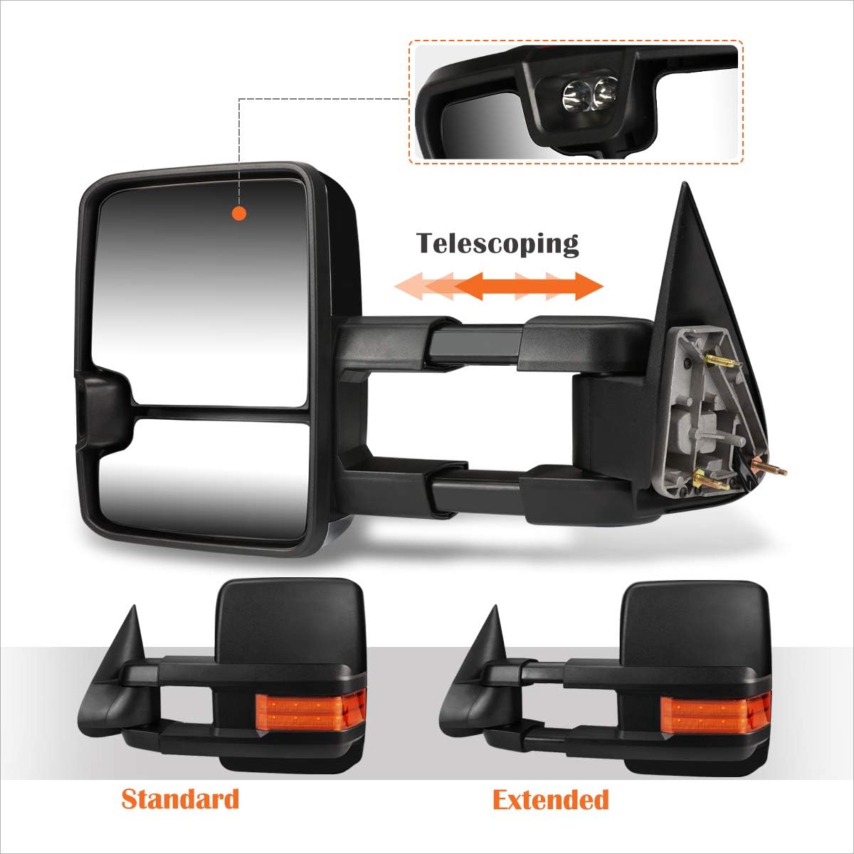 [Pair] Manual Extendable Tow Towing Mirrors Side Mirrors w/Amber LED Signal Compatible with 99-06 Silverado Sierra,Black