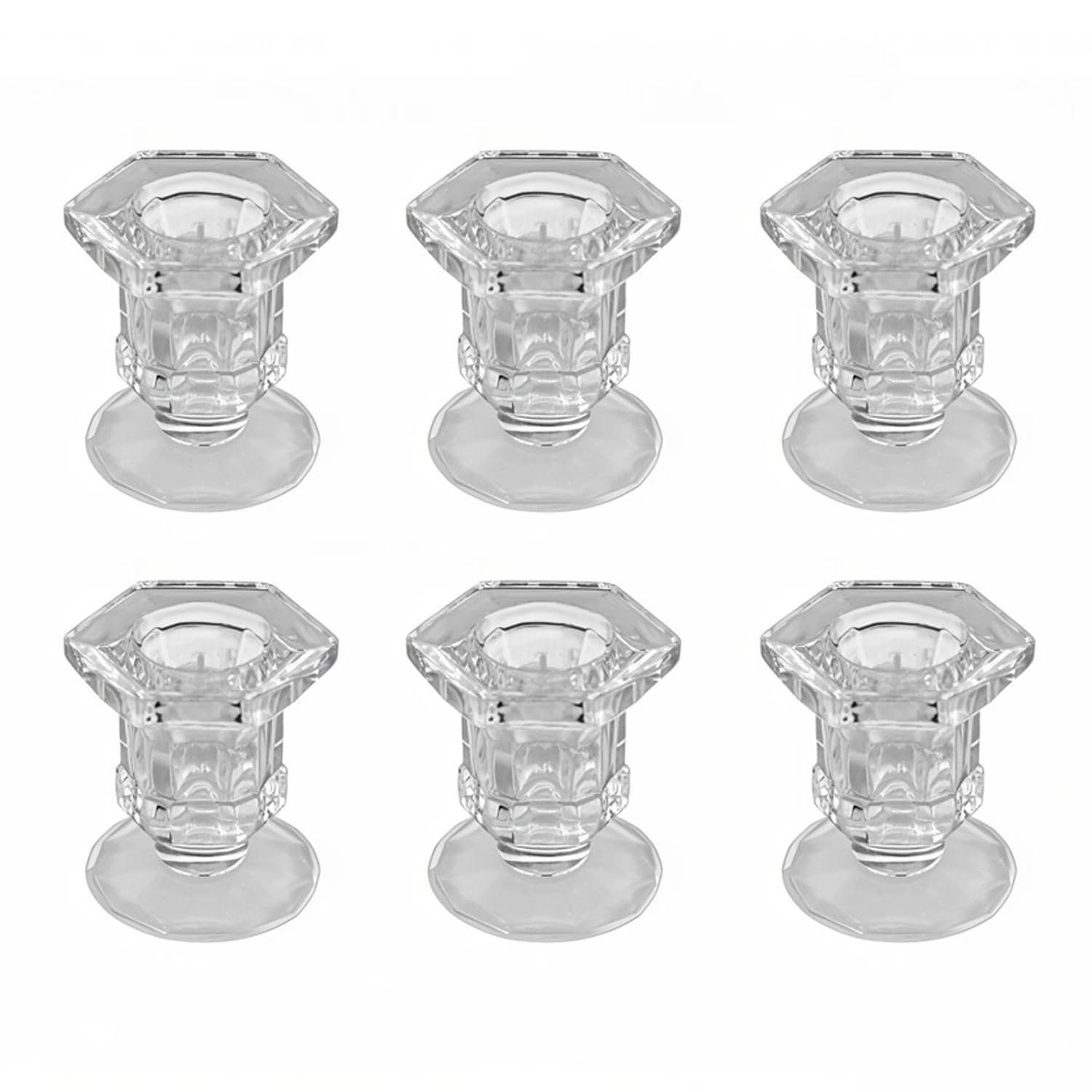 BTGLLAS Clear Glass Candle Holder, Taper Hexagonal Candlestick Holders for Wedding, Dinner Table, Party, Festive Decor and Everyday Decoration (6)