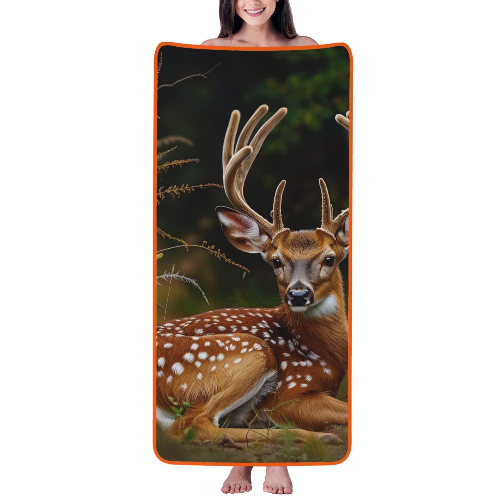 WPKJU Whitetail Deer Fawn in Wilderness Stag Printed Bath Towel with Orange Edging - 27x55 in Soft Extra Absorbent Coral Velvet Shower Towels for Bathroom
