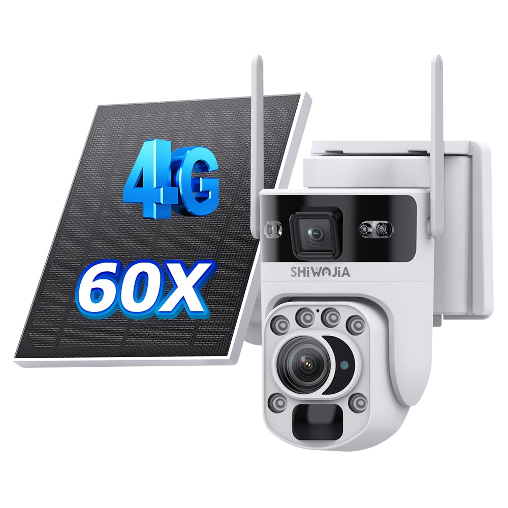 Shiwojia 4G Solar Outdoor Camera, 4G Dual Lens Hybrid Zoom Camera 60X, 6Mp With Color Night Vision, Human Pir Detection, Sd Slot, Ip66