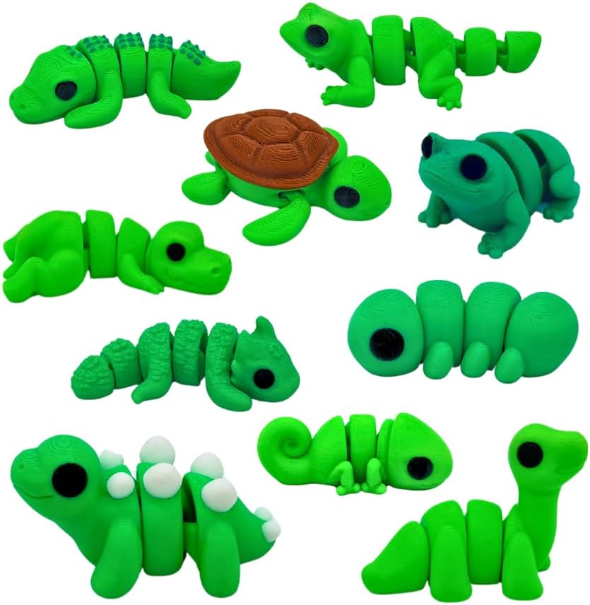 10-Piece Mini Fidget Green Animals - Cute Little Articulated Fidget Toy Figures, Flexible, Fun for Office, Class, Work, or Decoration