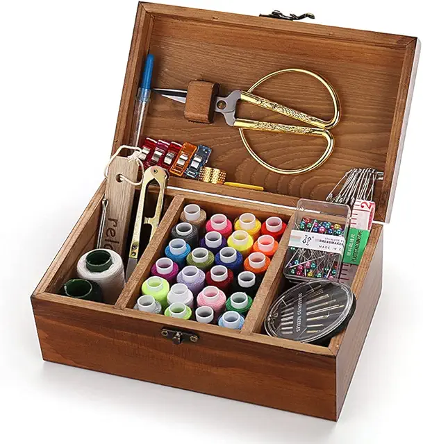 Boîte à couture en bois avec accessoires - Kit de couture tout-en-un de qualité