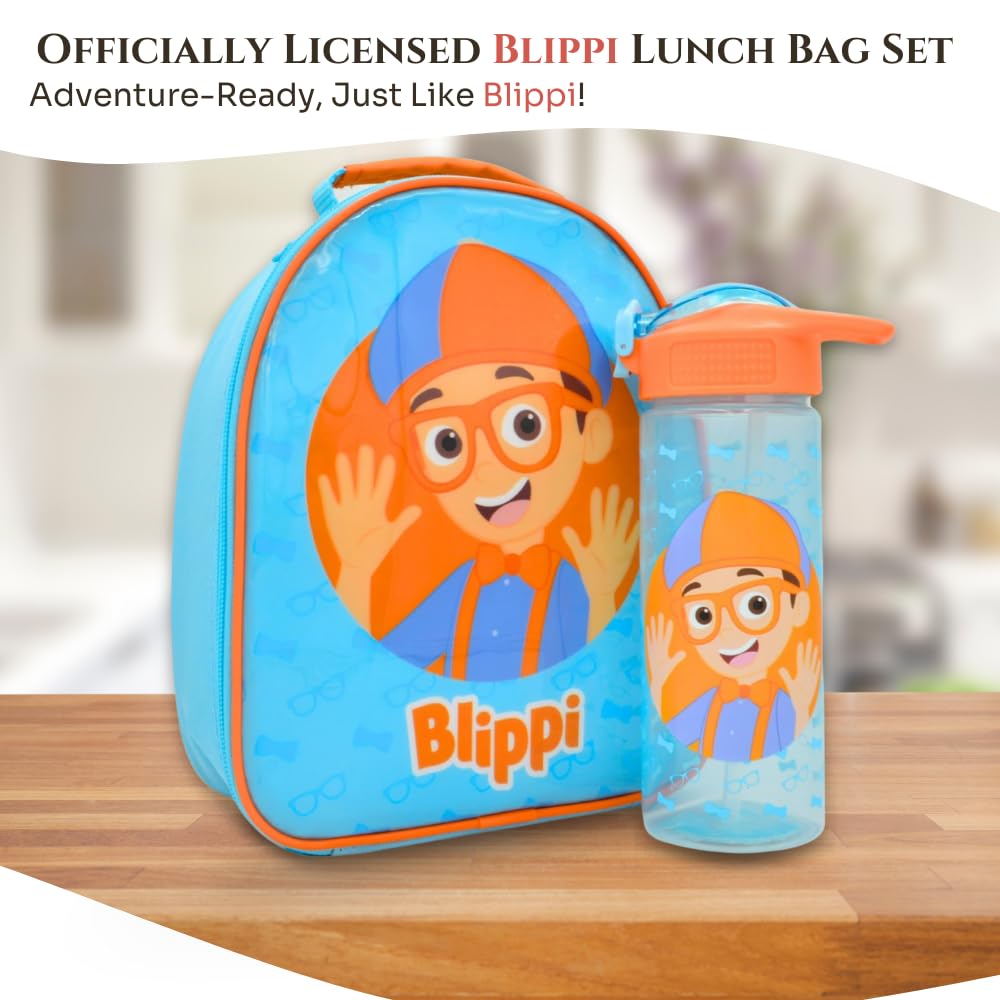 HOX 94833 Blippi Set Sac à déjeuner et bouteille d'eau avec paille à bec rabattable, polyester