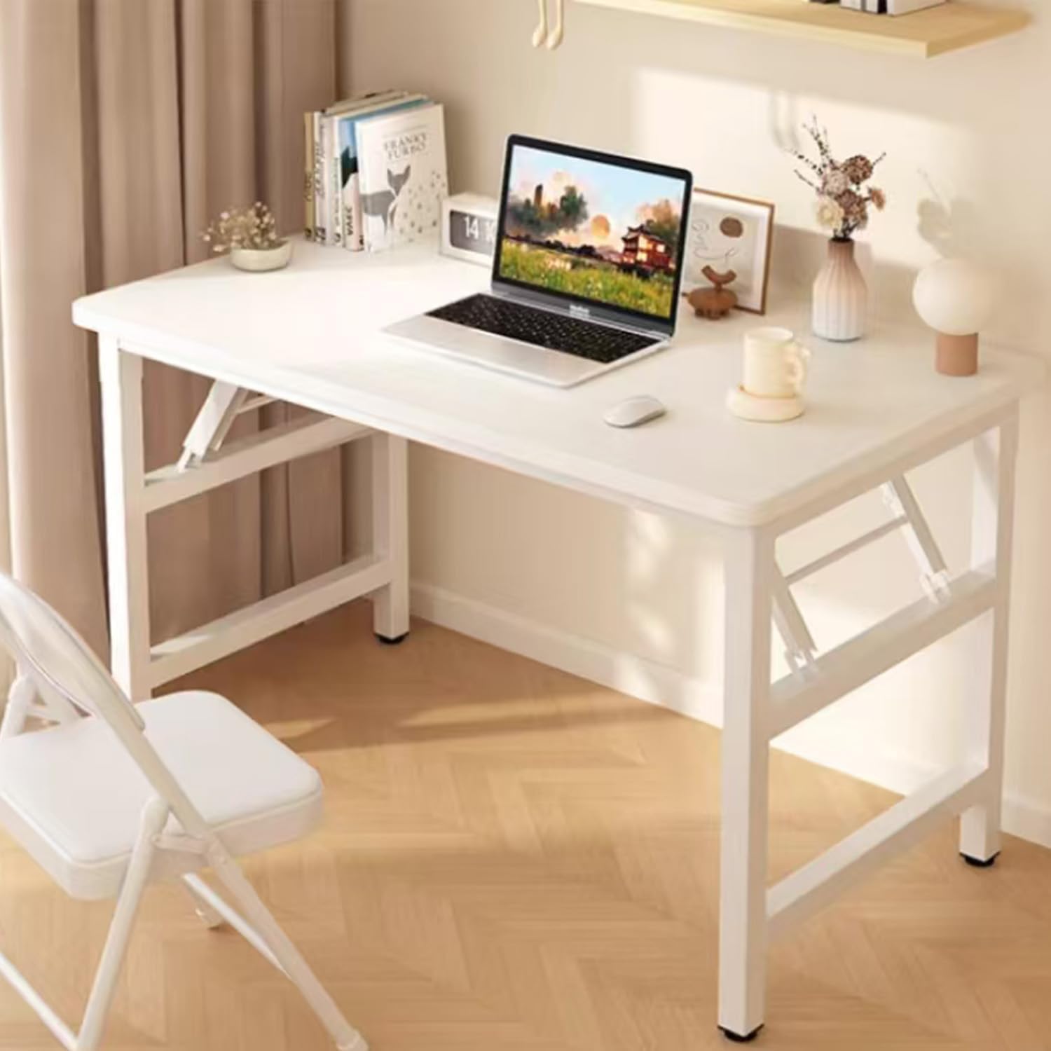 HDOFM 47.2 Inch Folding Table，Square Folding Desks for Small Space,Small Foldable Desk No Assembly,White..