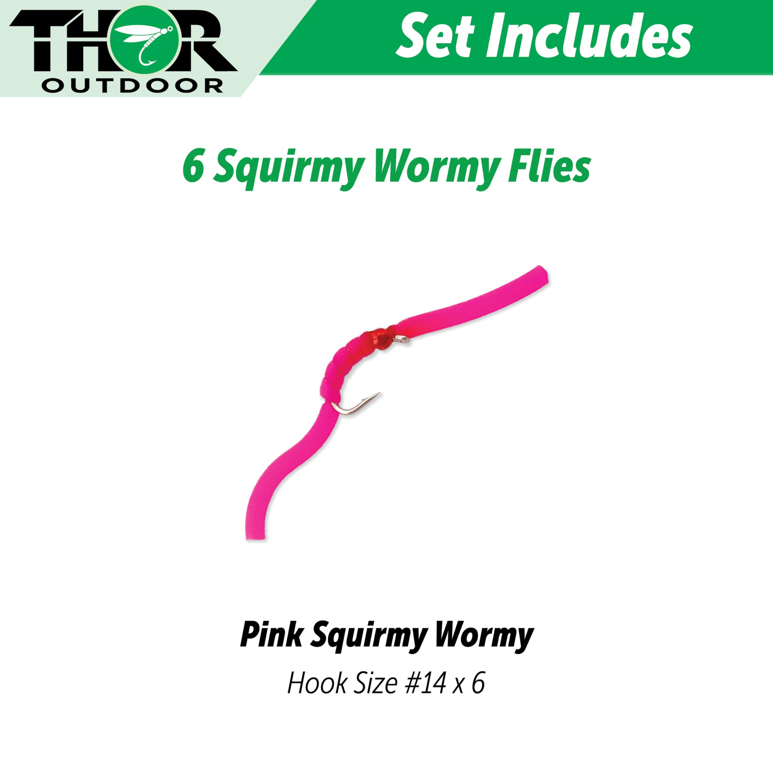 Thor Outdoor 6 Pc Squirmy Wormy Set, San Juan Red Size #14 - Wet Worm Fly Fishing Flies for Trout, Panfish, Bass
