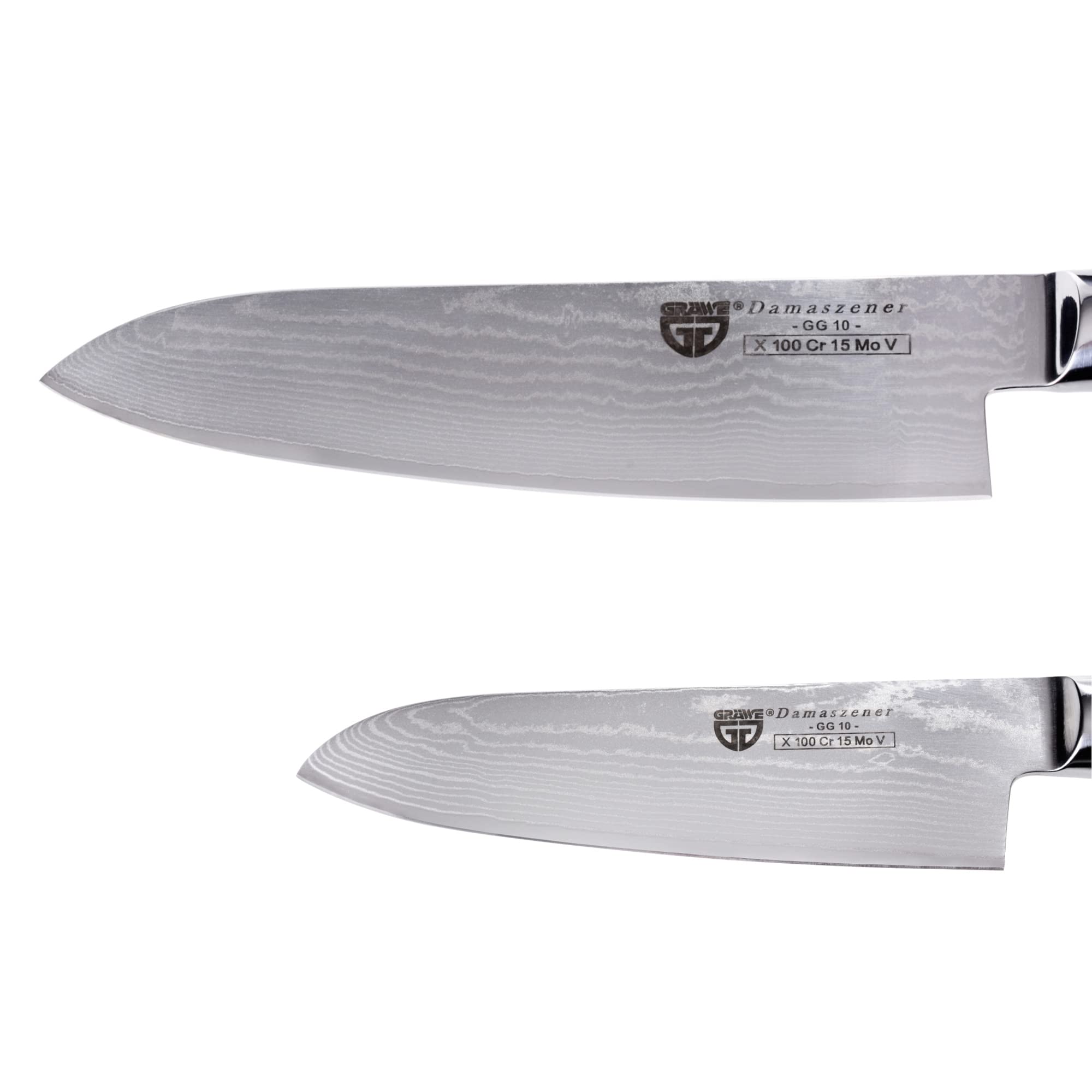 GRÄWE zestaw noży Santoku, 2 sztuki, nóż damasceński z drewnianym uchwytem, ostrze 12 cm i 17 cm w zestawie z osełką 400/1000