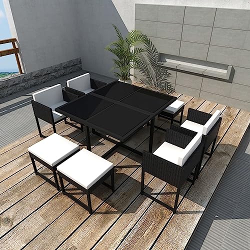 Genérico Set Comedor de jardín 9 Piezas y Cojines ratán sintético Negro, Conjuntos de jardín Negro,42759