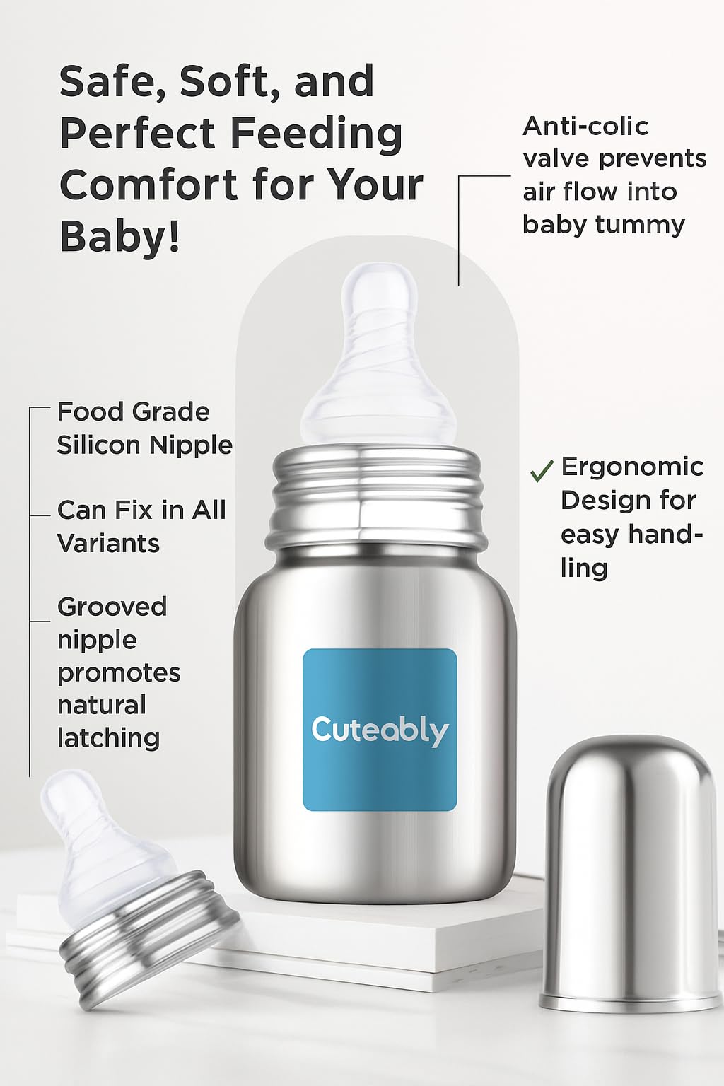 Cuteably Stainless Steel Bottle for Babies – BPA Free, Leak-Proof, Easy to Clean – Available in 200ml – Newborn to 1+ Year Kids 1