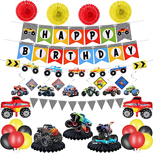 Truck Birthday Party Supplies Truck Birthday Banner Triangle Bunting Truck Hanging Swirls Truck Shape Balloons Multicolor Balloons Truck Honeycomb Table Centerpieces Paper Fans