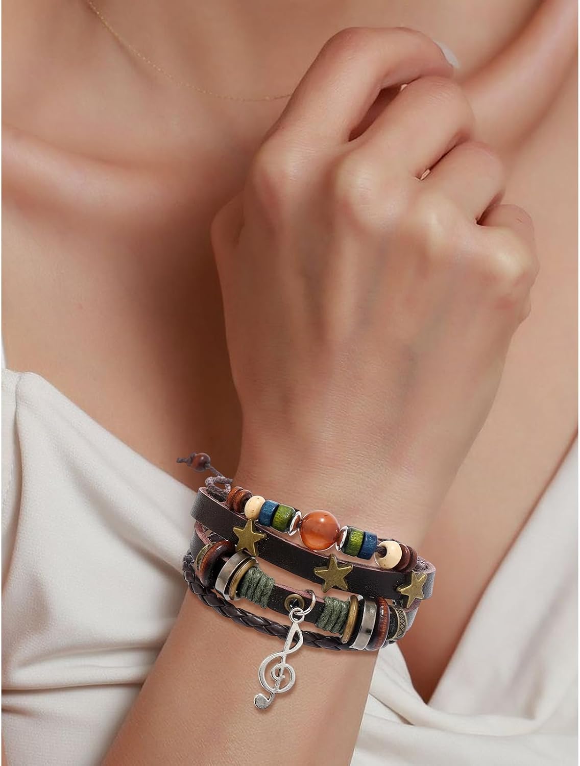 4 Pcs Fairy Grunge Beaded Bracelets for Women Adjustable Vintage Punk Multilayer Leather Wrap Bracelets Aesthetic Grunge Jewelry Accessories