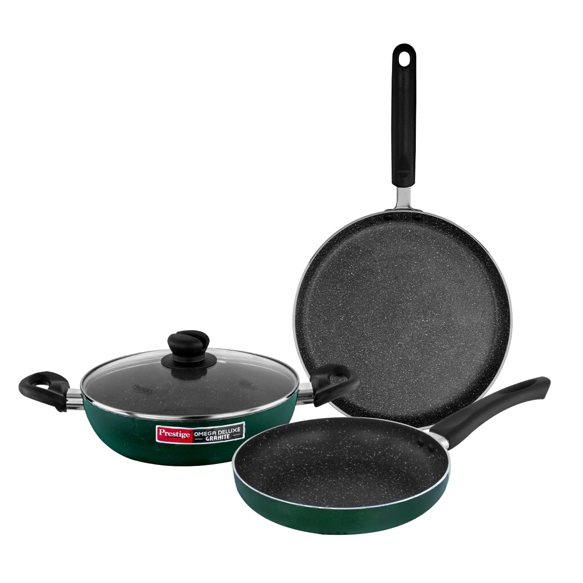 Omega Granite Non-Stick 3 Pc Cookware Set with Glass Lid | 5-Layer Coating | Gas & Induction Compatible | Omni Tawa 25cm | Fry Pan 24cm | Kadai 24cm | Moss Green | 2Y Warranty |ISI Certified