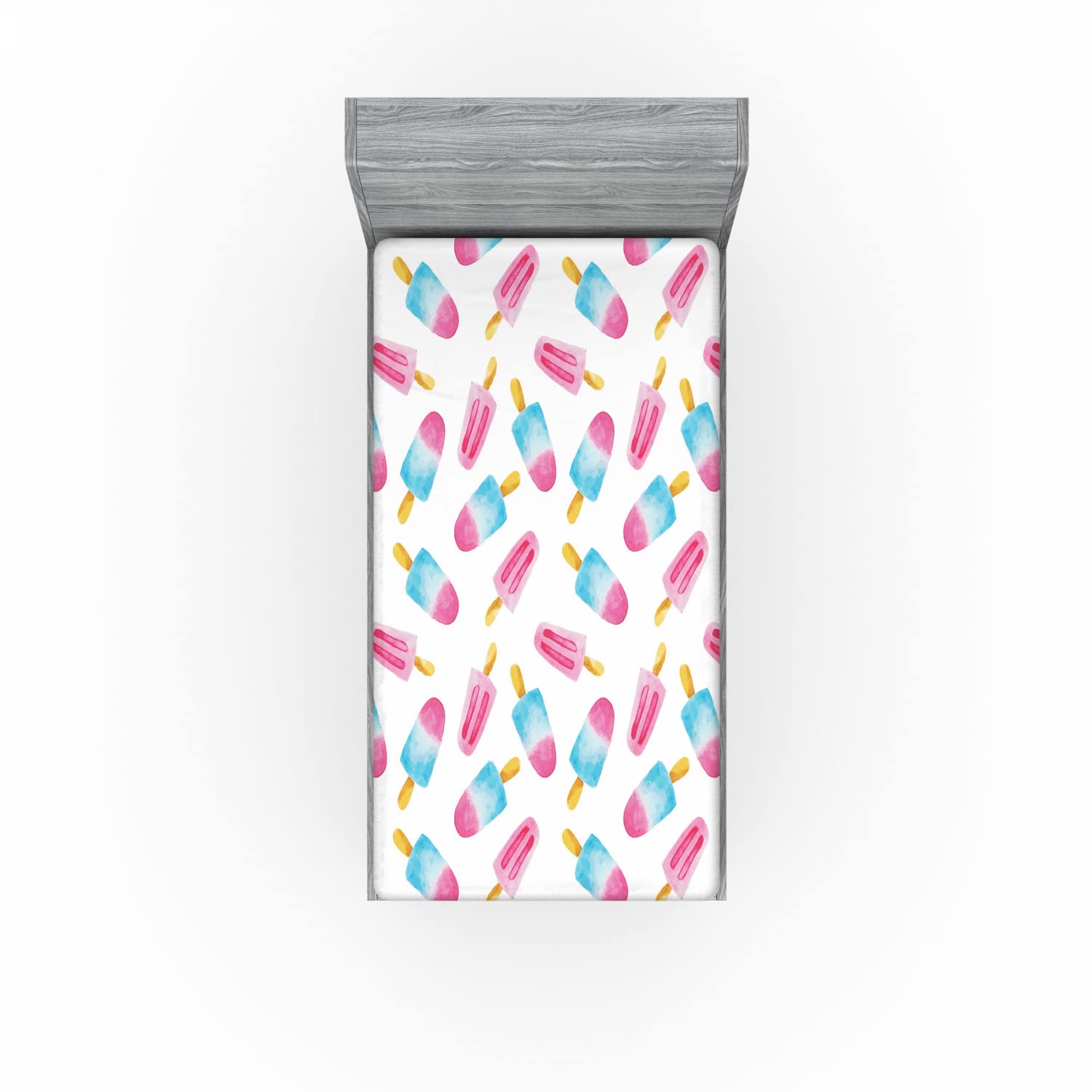 Ambesonne Ice Cream 2 Pack Fitted Sheet, Watercolor Popsicles, Bed Cover All-Round Elastic Deep Pockets 2 Pieces, Package Contains 2 Twin Size Fitted Sheets, Blue Yellow