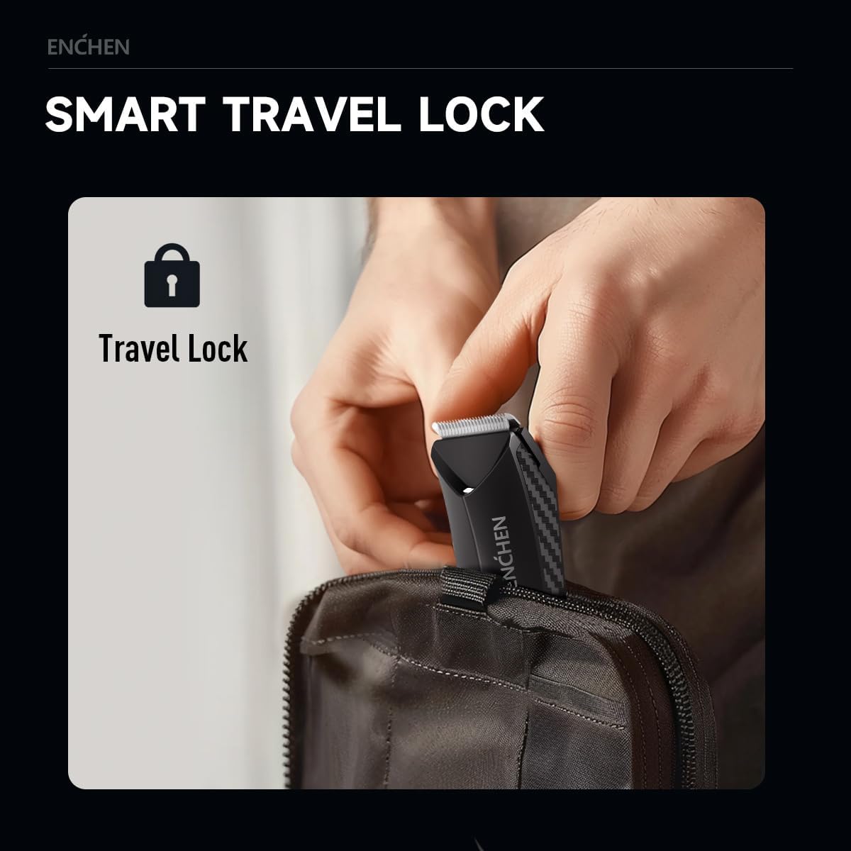 Enchen Spark 2 Trimmer being placed into a travel bag, showing travel lock feature