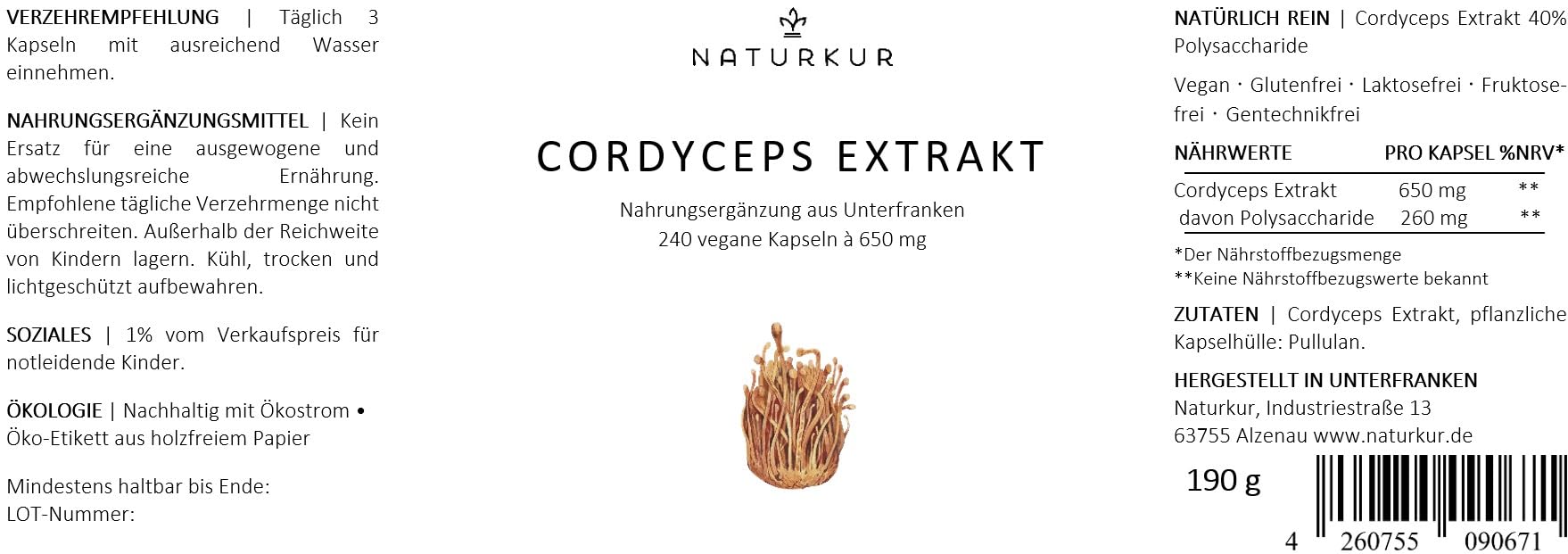 Naturkur® Cordyceps Extrakt 650mg - 240 Kapseln im Apothekerglas - 40% Polysaccharide, vegan, ohne Zusatzstoffe, hergestellt in Unterfranken